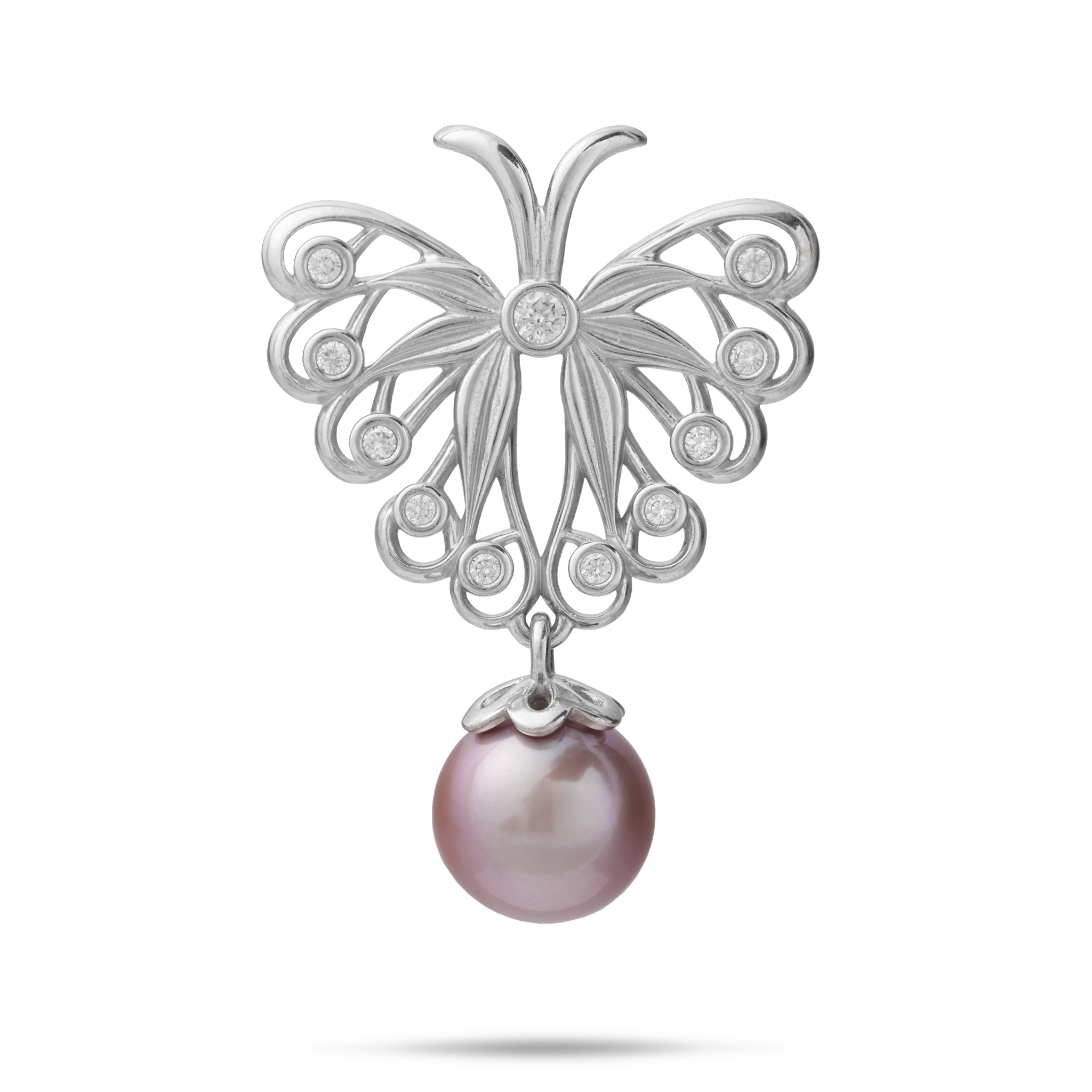 Pulelehua (Butterfly) Freshwater Pearl Pendant in Sterling Silver with Cubic Zirconia - 24mm