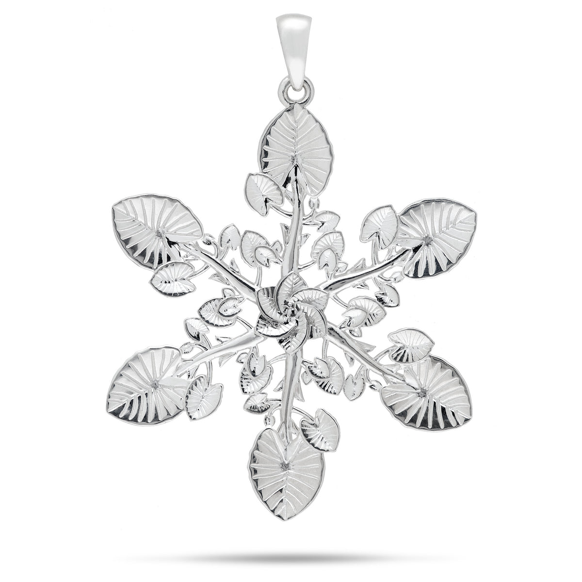 A sterling silver kalo leaf ornament/pendant in a snowflake style formation, shown on a white background