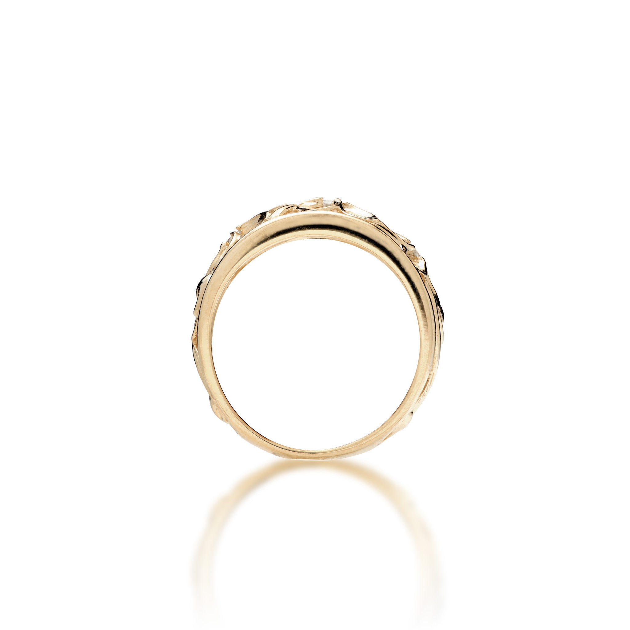 Side view 11mm Hawaiian Heirloom Plumeria Ring in Gold with Diamonds on a white background