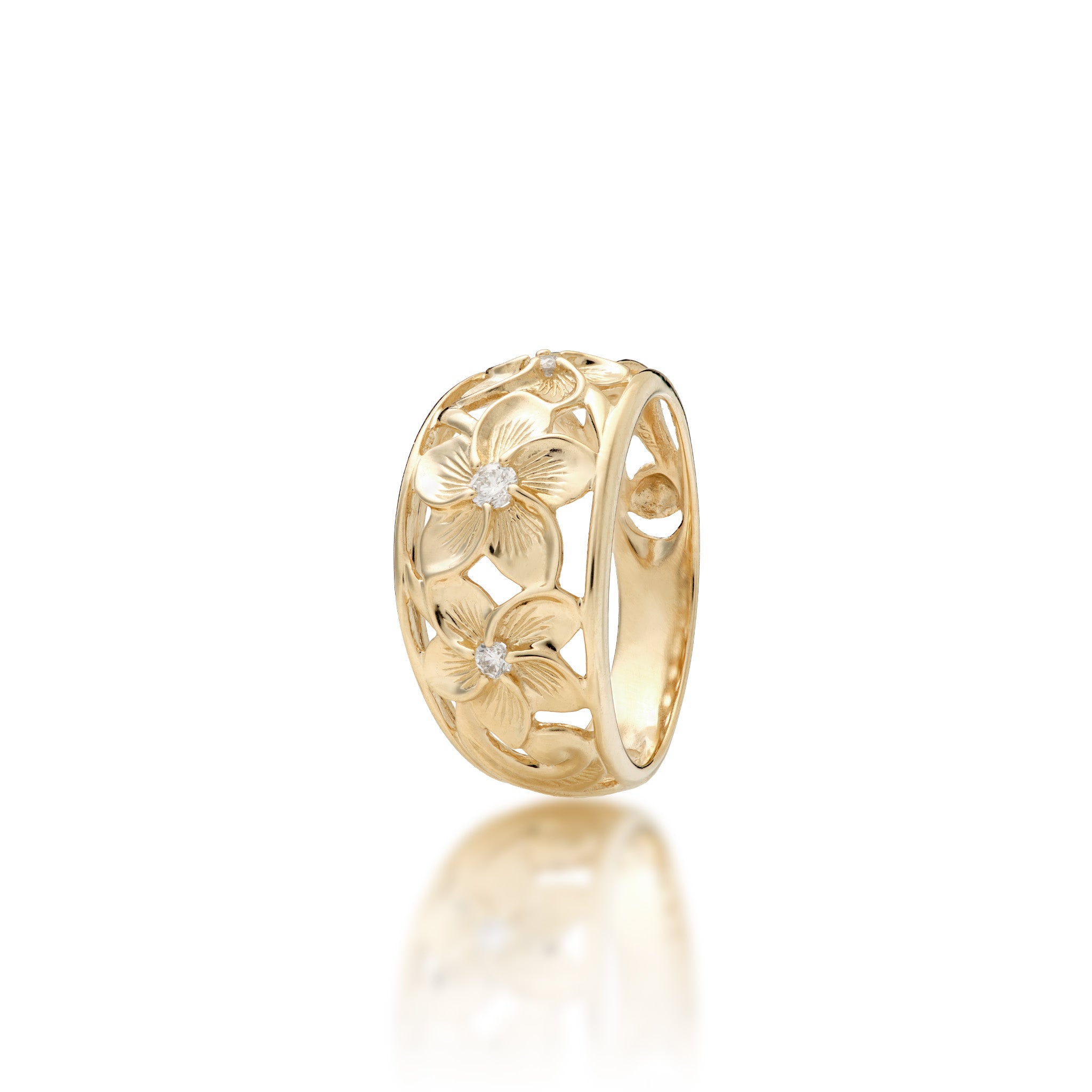 Angle view of the 11mm Hawaiian Heirloom Plumeria Ring in Gold with Diamonds on a white background