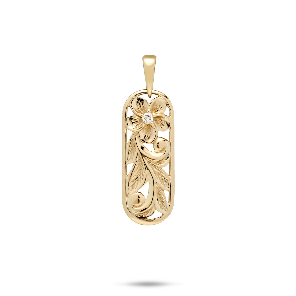 A 14k yellow gold Hawaiian Heirloom vertical bar pendant with a diamond-accented plumeria, maile leaf and fern scrollwork, and a rounded frame, shown on a white background with a soft shadow