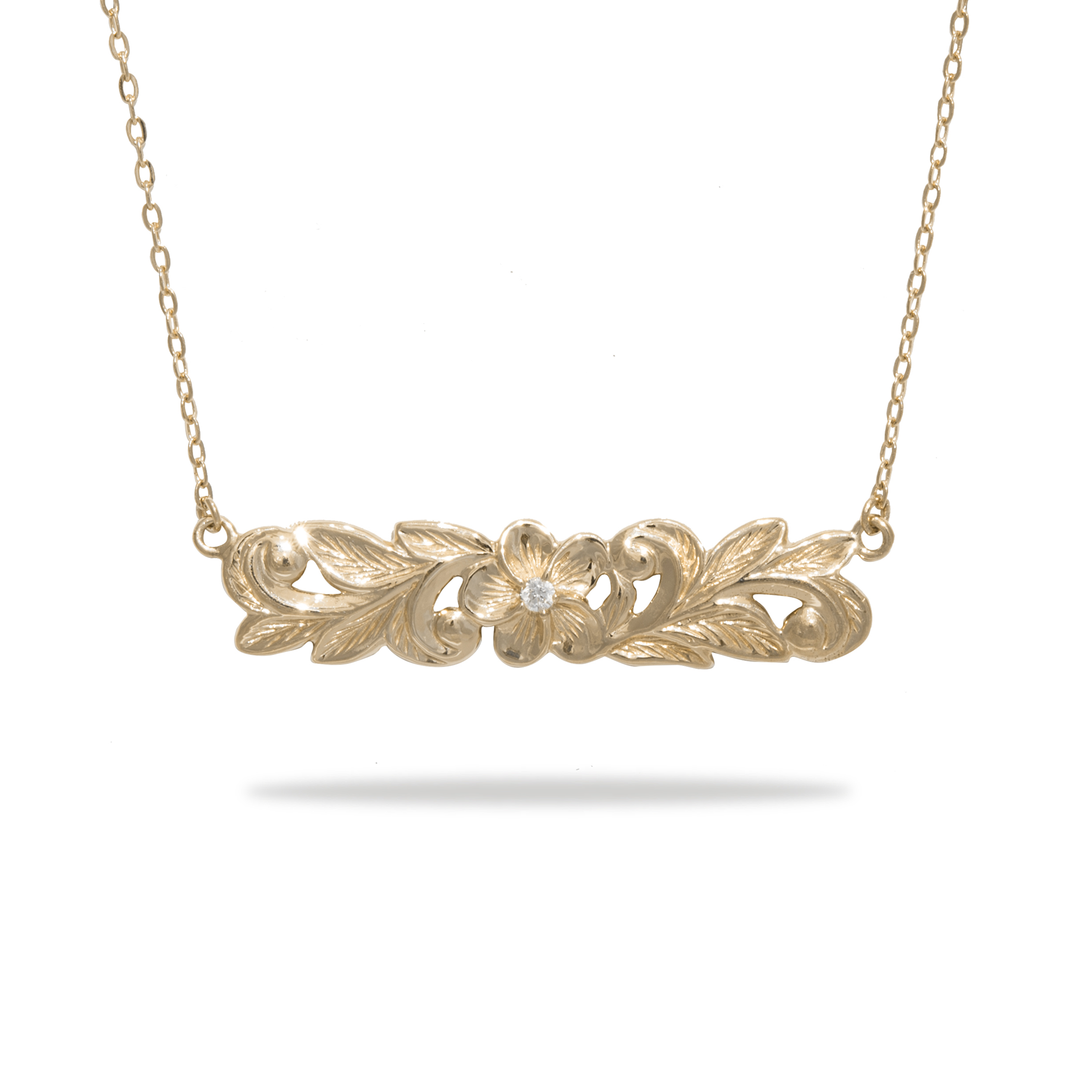 16" Hawaiian Heirloom Plumeria Necklace in Gold with Diamond - 39mm