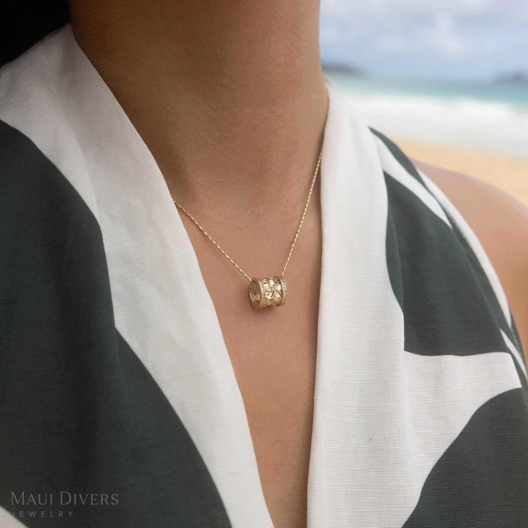 Hawaiian Heirloom Plumeria Barrel Pendant in Gold with Diamonds - 12mm