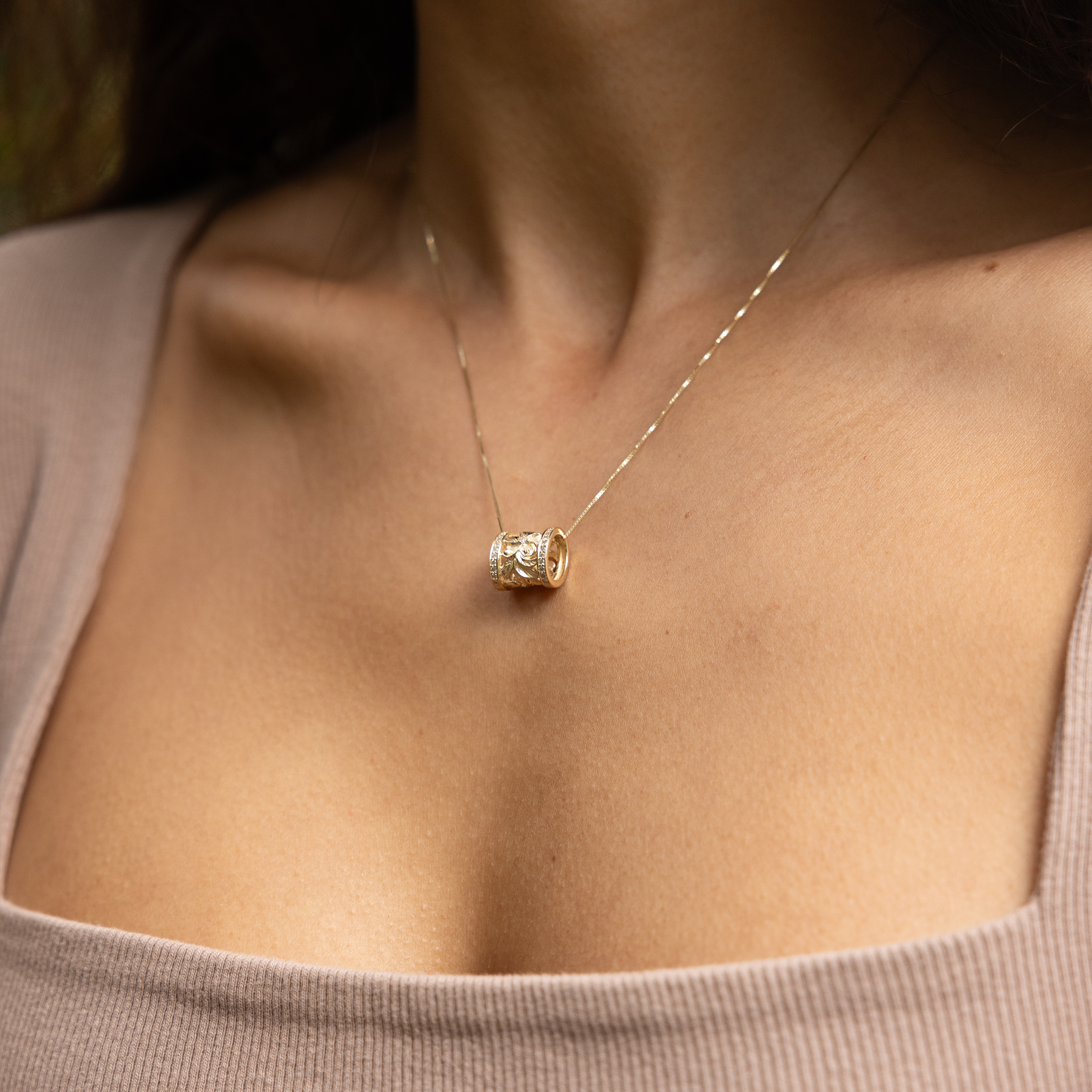 Hawaiian Heirloom Plumeria Barrel Pendant in Gold with Diamonds - 12mm