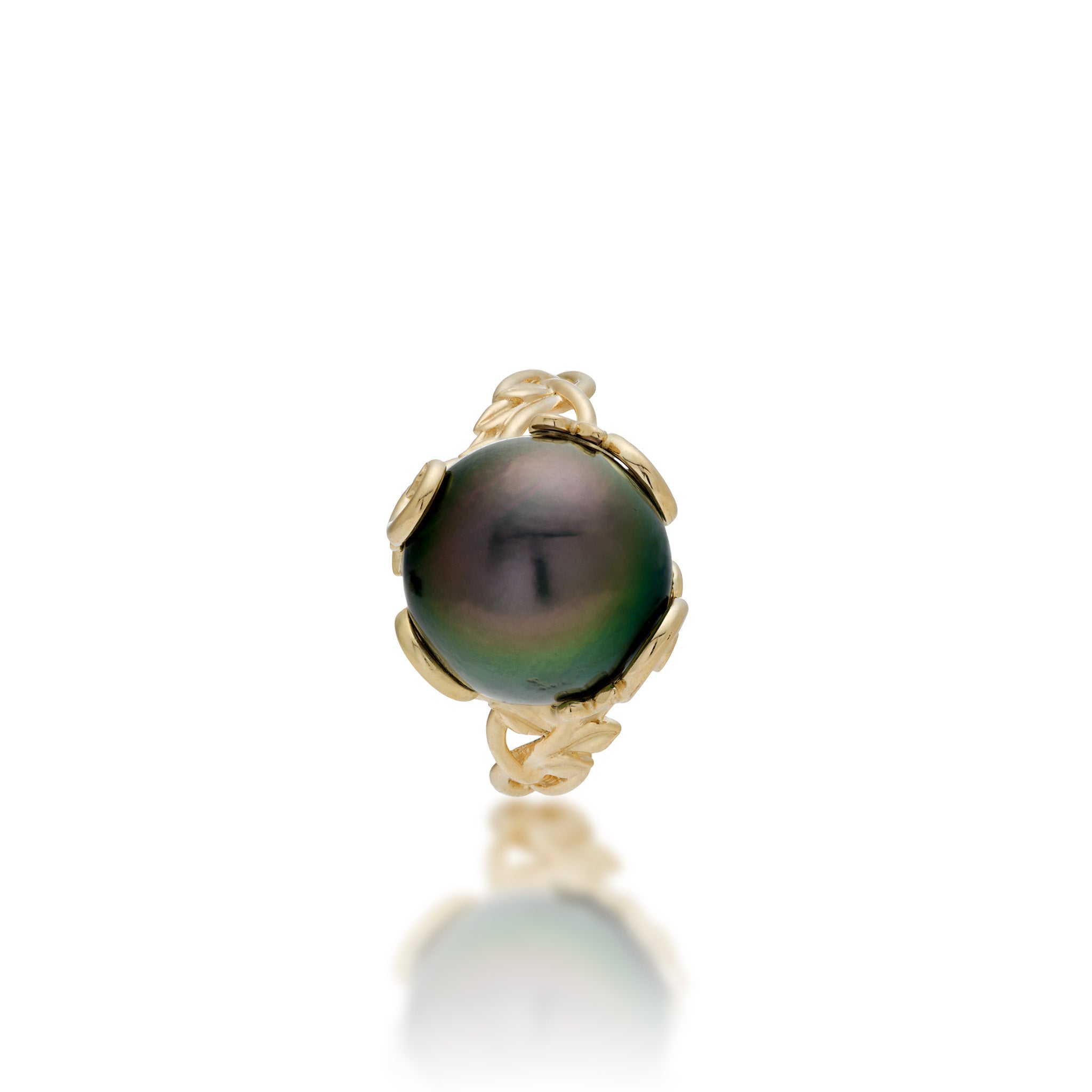 Top view of the Living Heirloom Tahitian Black Pearl Ring in Gold with Diamonds on a white background