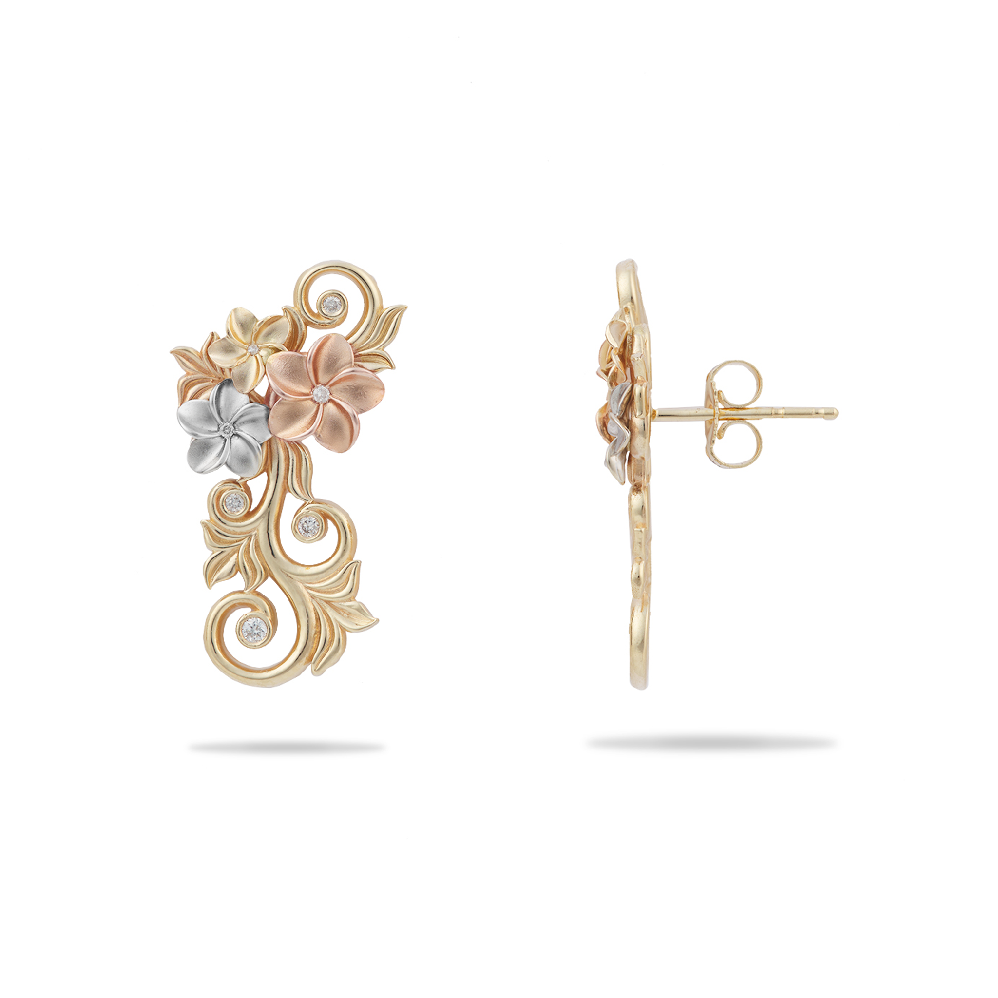 Living Heirloom Plumeria Earrings in Tri Color Gold with Diamonds - 25mm