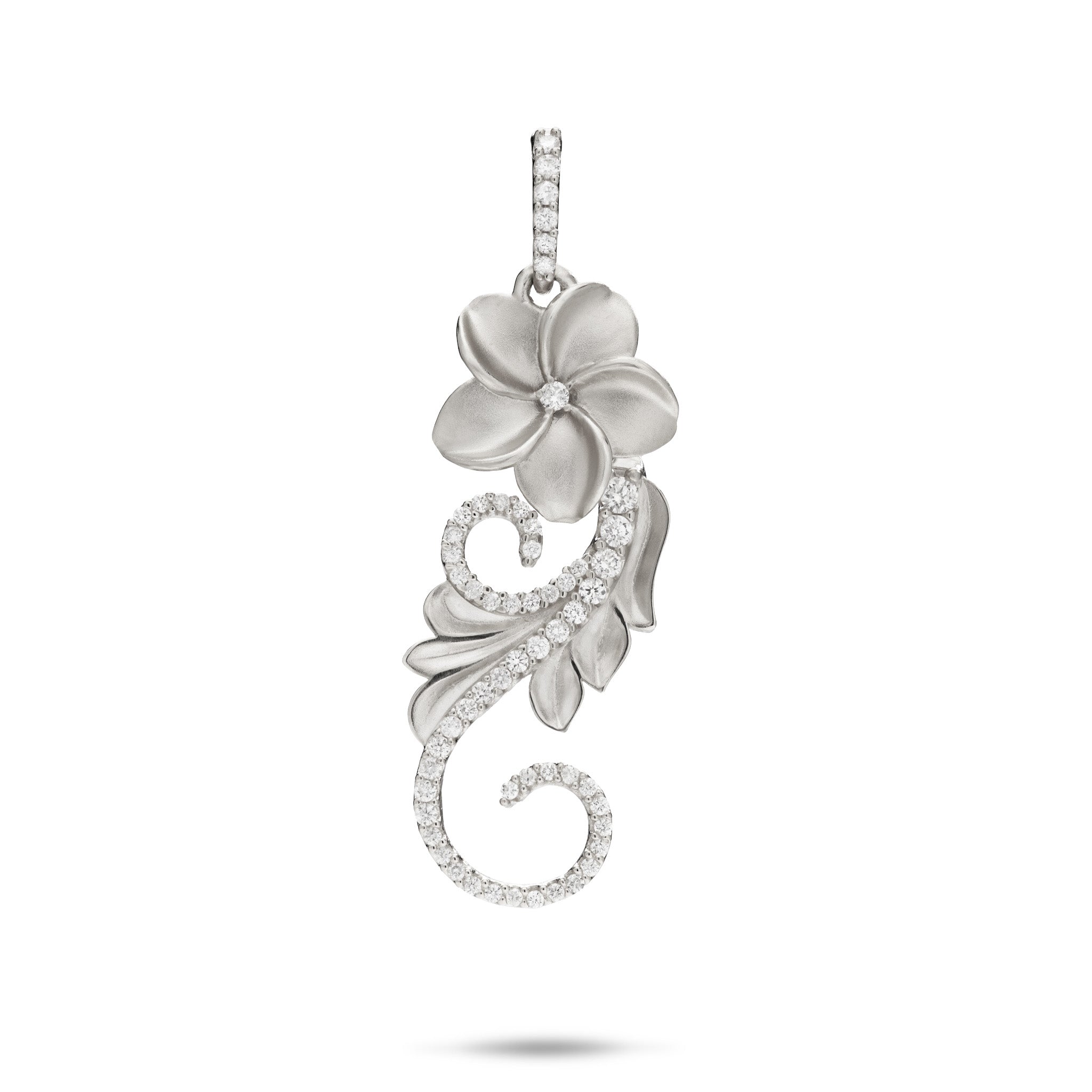 Hawaiian Heirloom Plumeria Pendant in White Gold with Diamonds - 30mm