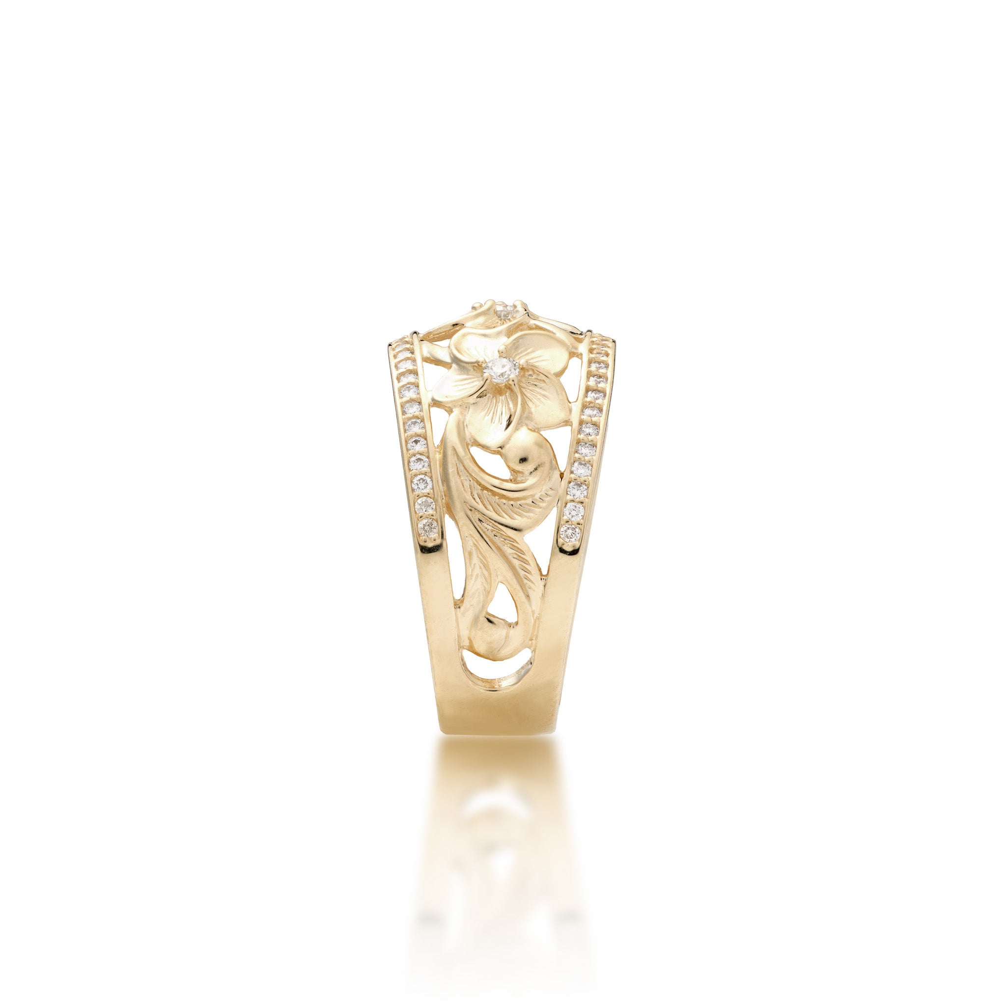 Side view of the 13mm Hawaiian Heirloom Plumeria Ring in Gold with Diamonds on white background