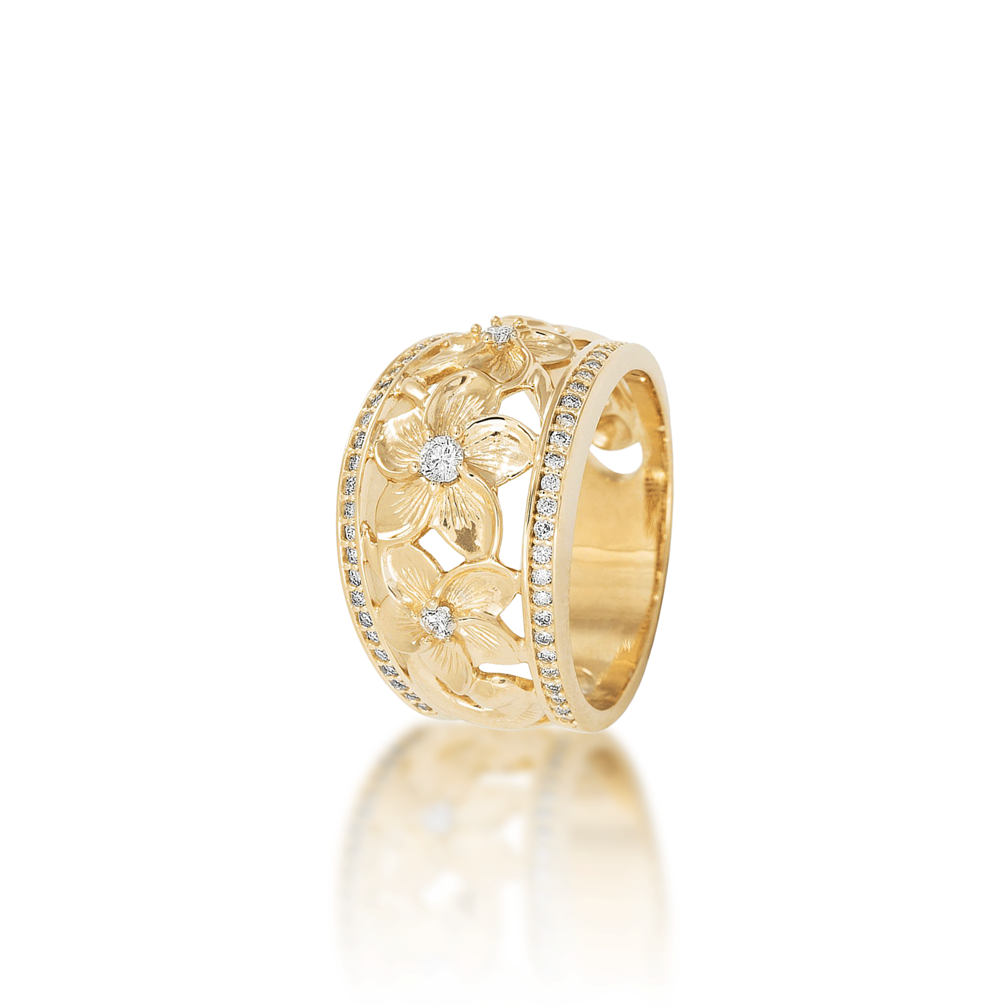 Hawaiian Heirloom Plumeria Ring in Gold with Diamonds - 13mm