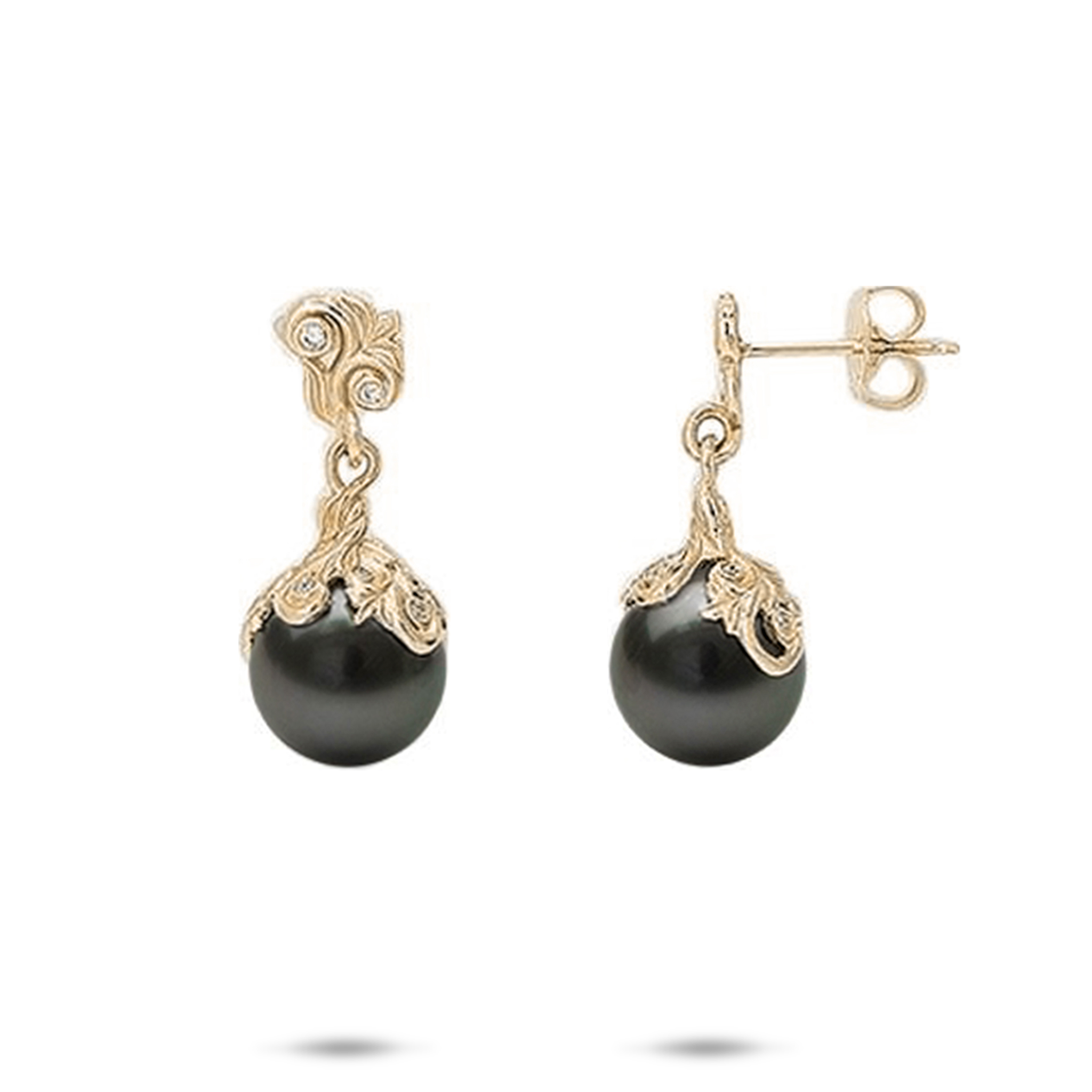 Living Heirloom Tahitian Black Pearl Earrings in Gold with Diamonds - 9-10mm