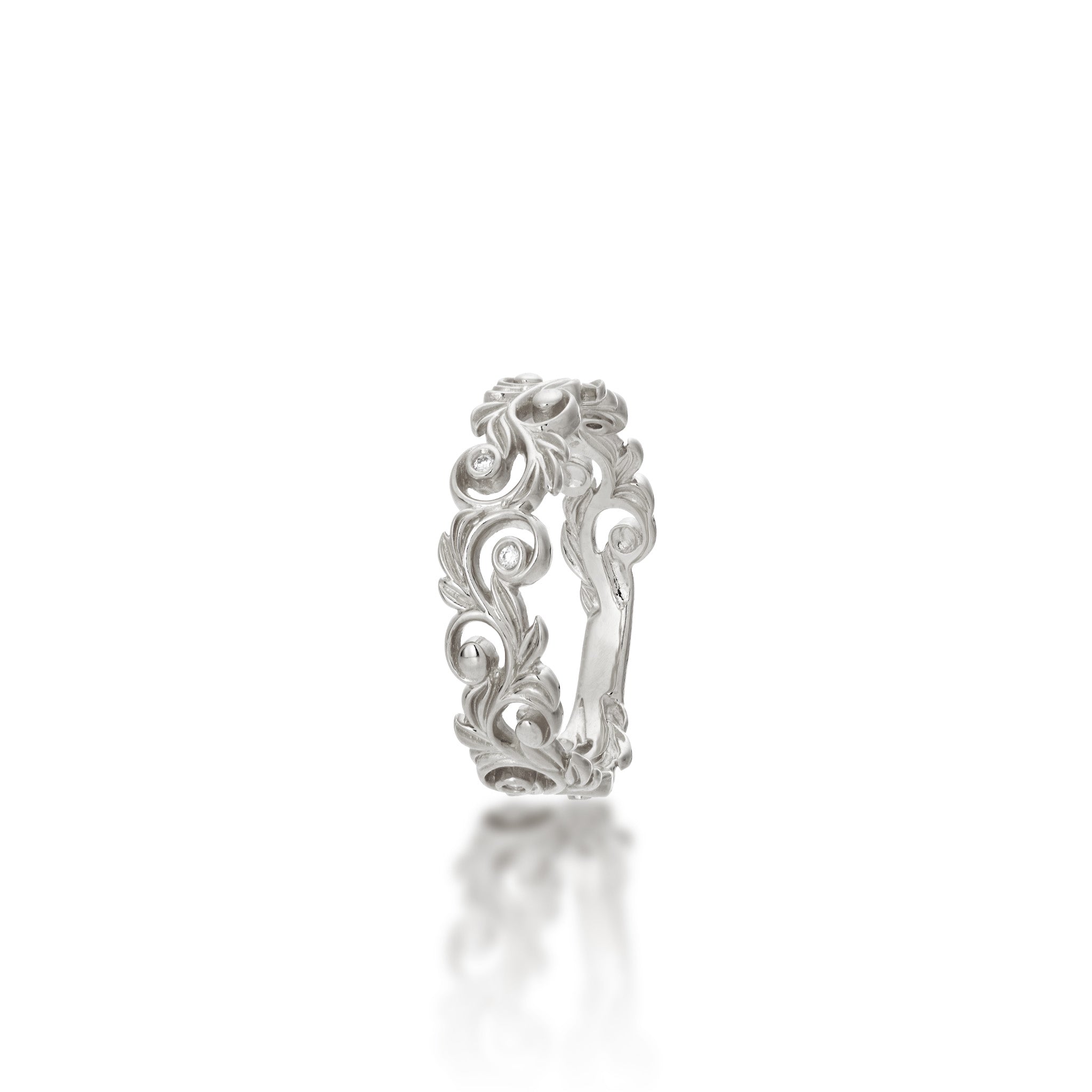 Living Heirloom Scroll Ring in White Gold with Diamonds - 6mm