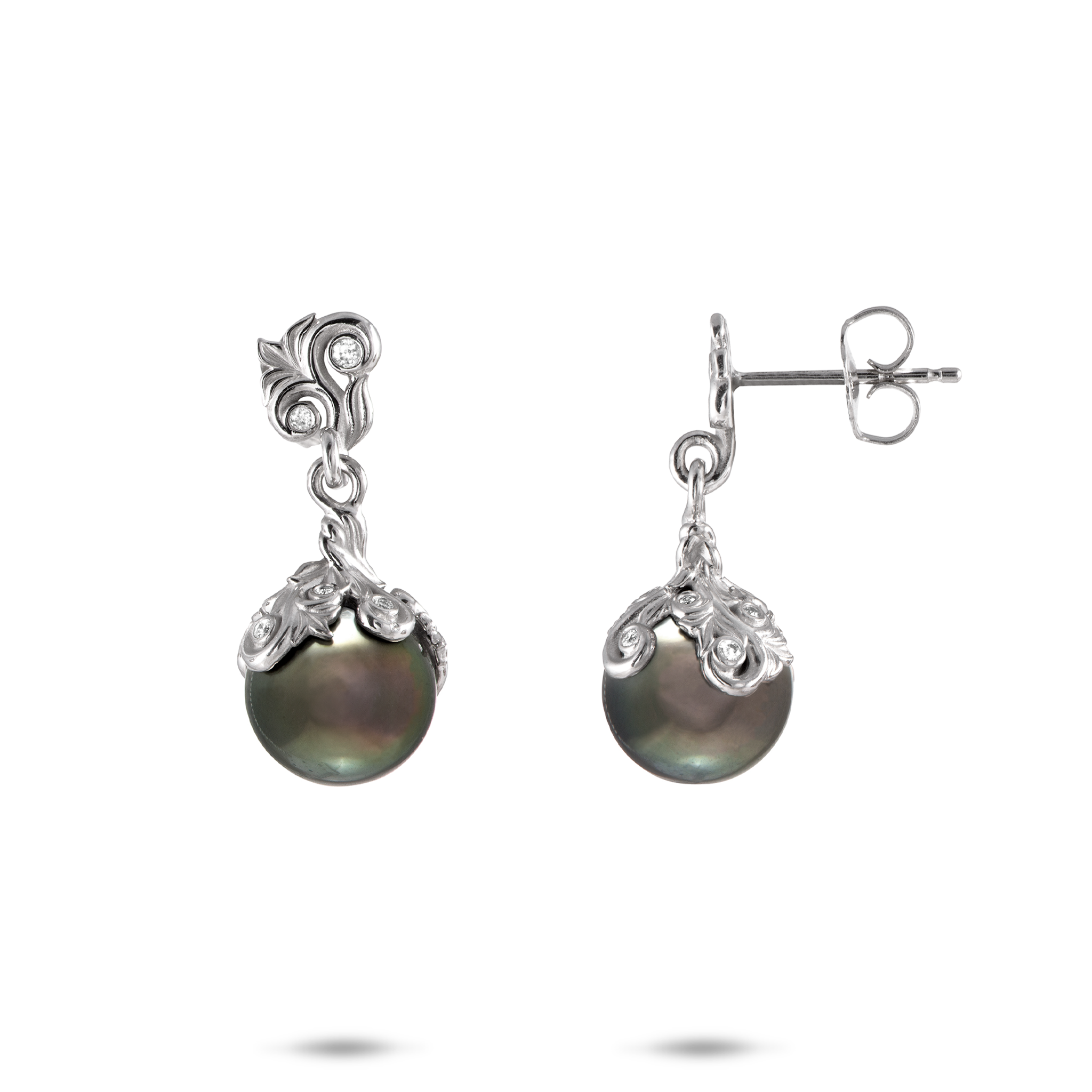 Living Heirloom Tahitian Black Pearl Earrings in White Gold with Diamonds - 9-10mm
