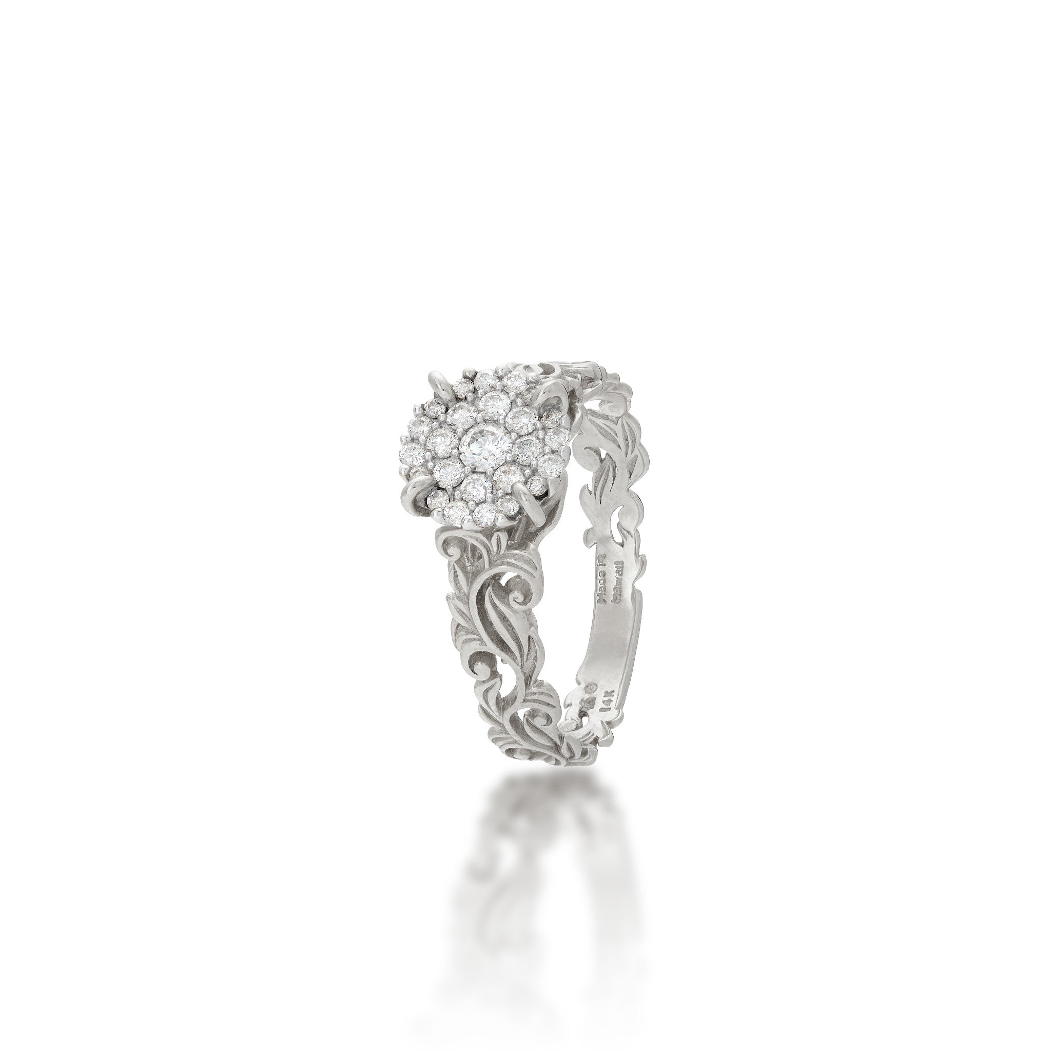 Angle view of the Living Heirloom Engagement Ring in White Gold with Diamonds on a white background