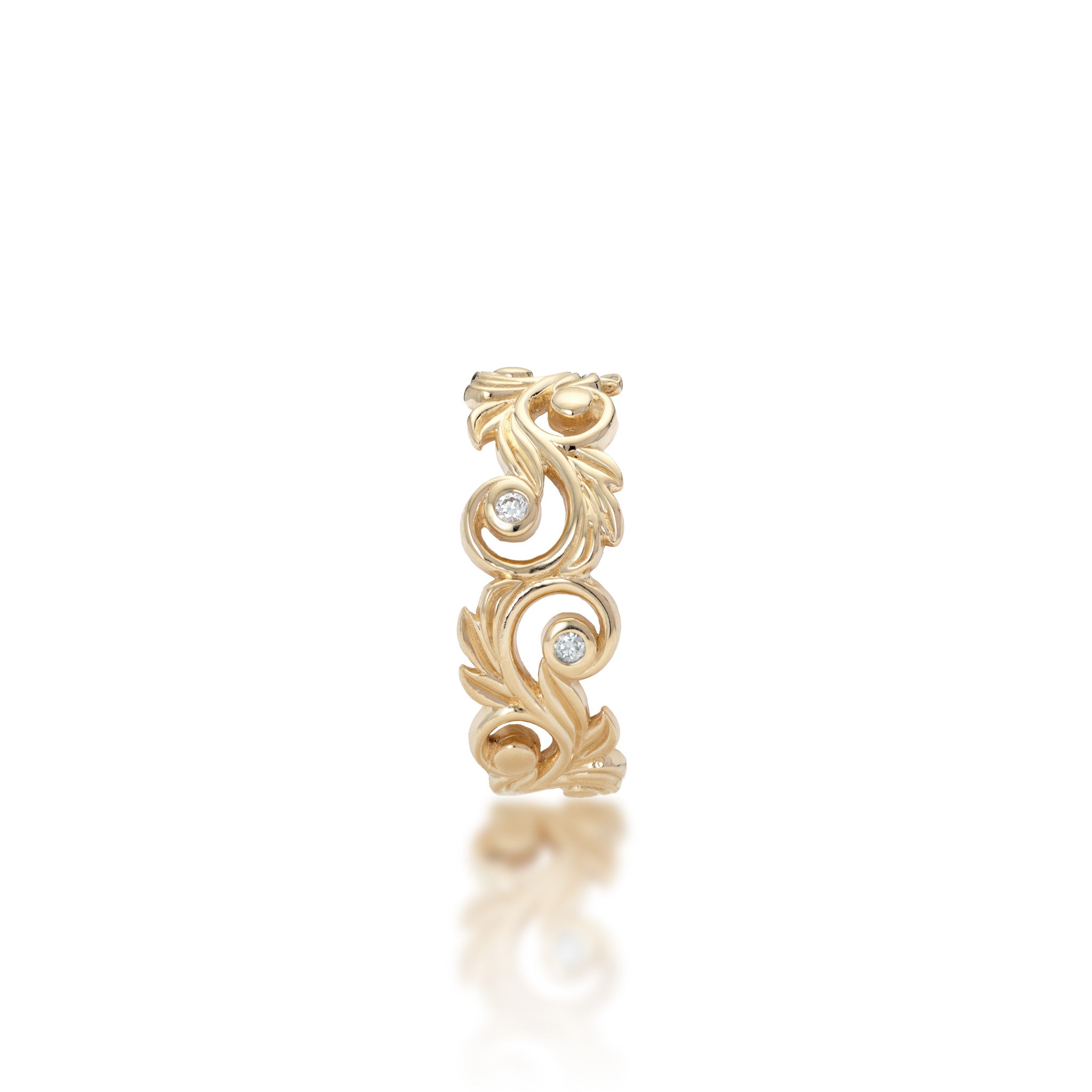 Top view of the 8mm Living Heirloom Ring in 14k Yellow Gold with Diamonds on a white background