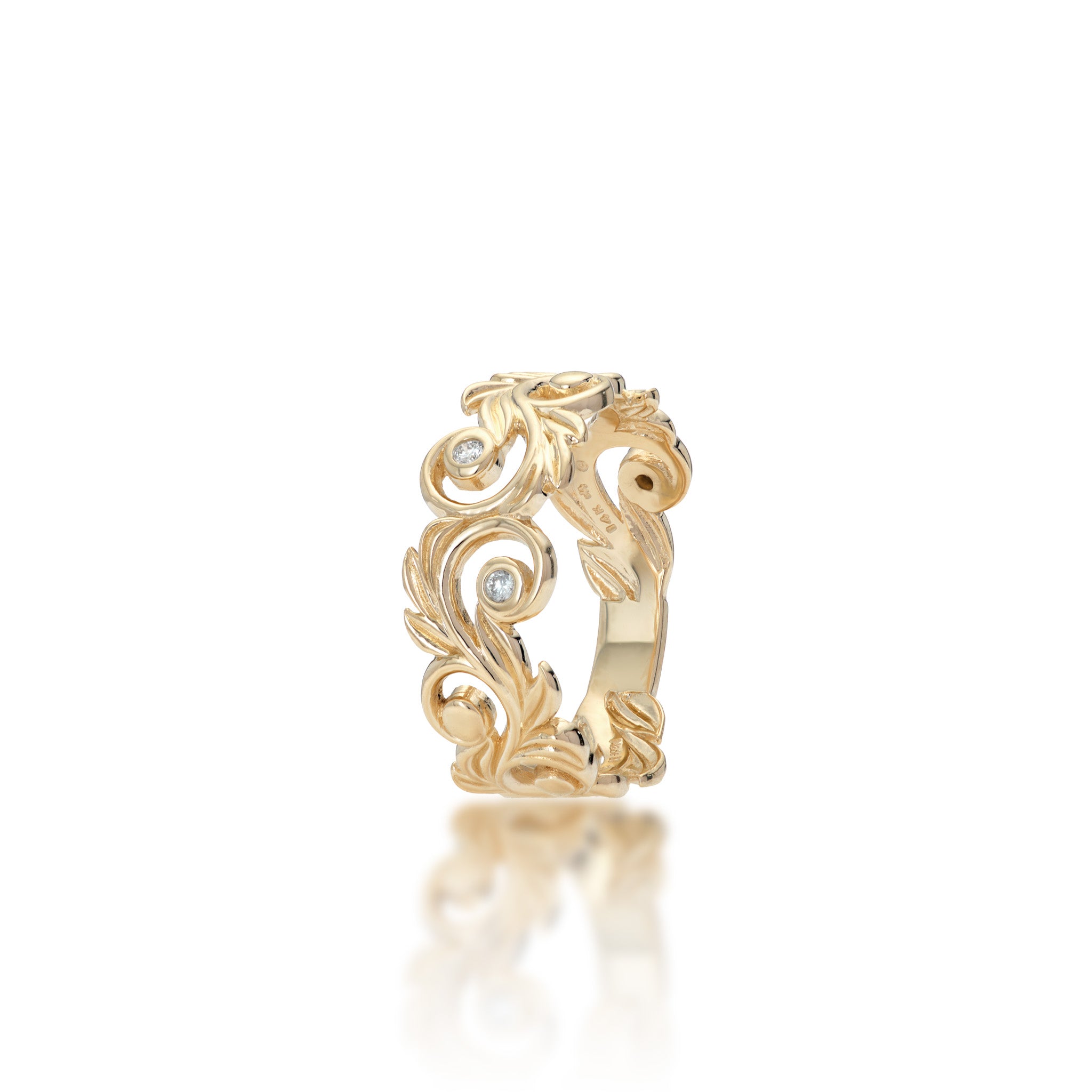 Angle view of the 8mm Living Heirloom Ring in 14k Yellow Gold with Diamonds on a white background