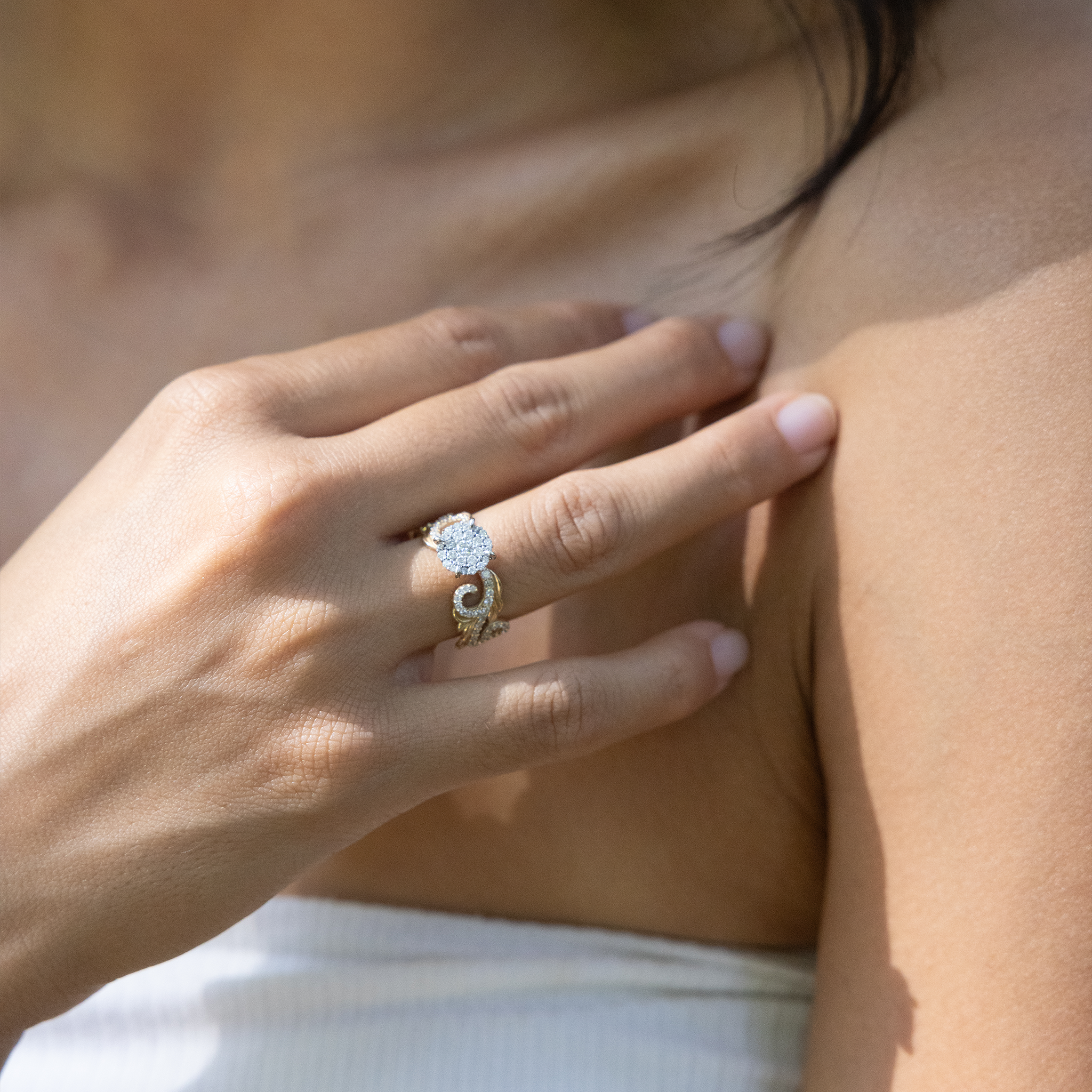 Hawaiian Heirloom Engagement Ring in Two Tone Gold with Diamonds