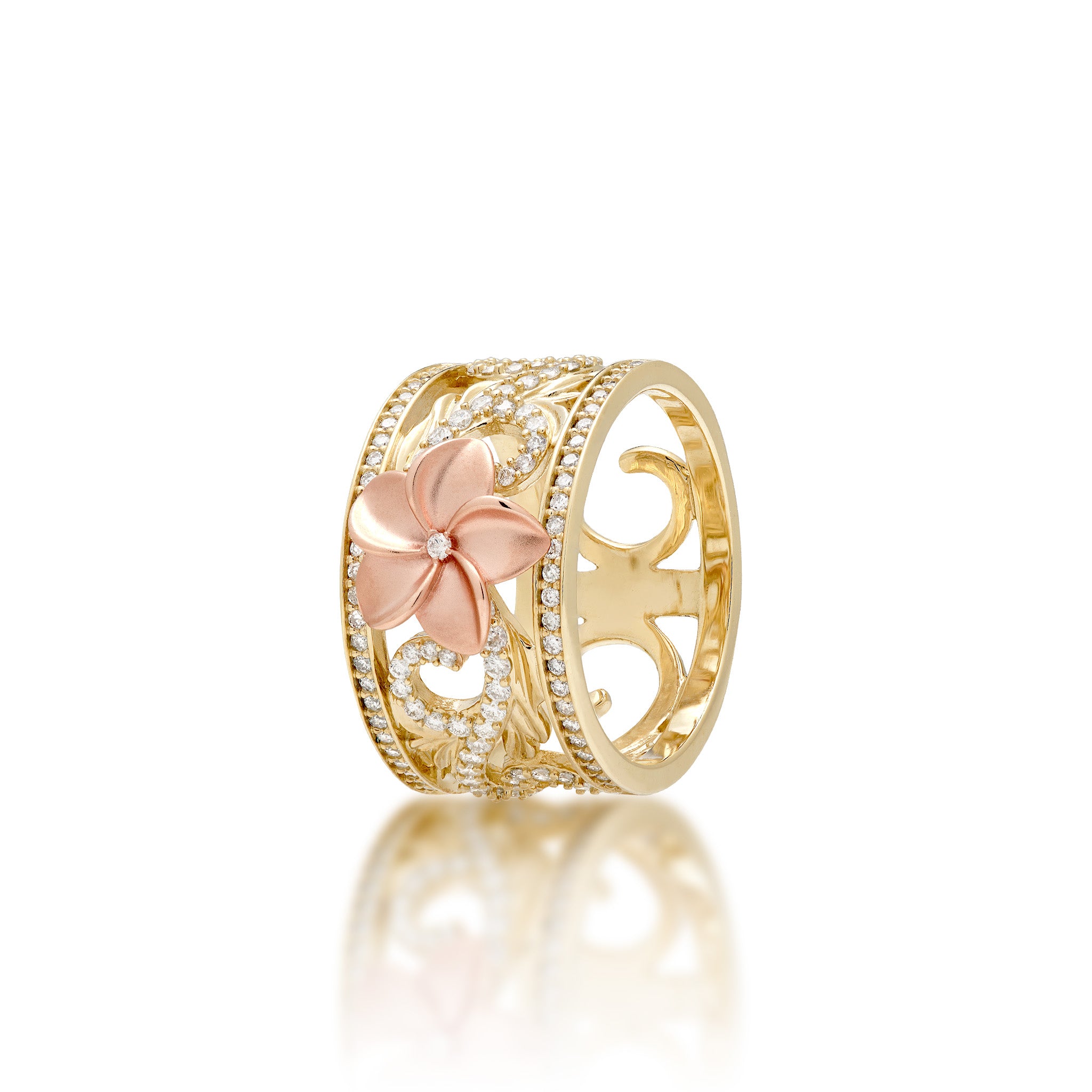 Hawaiian Heirloom Plumeria Diamond Engagement Ring Rose & Yellow Gold