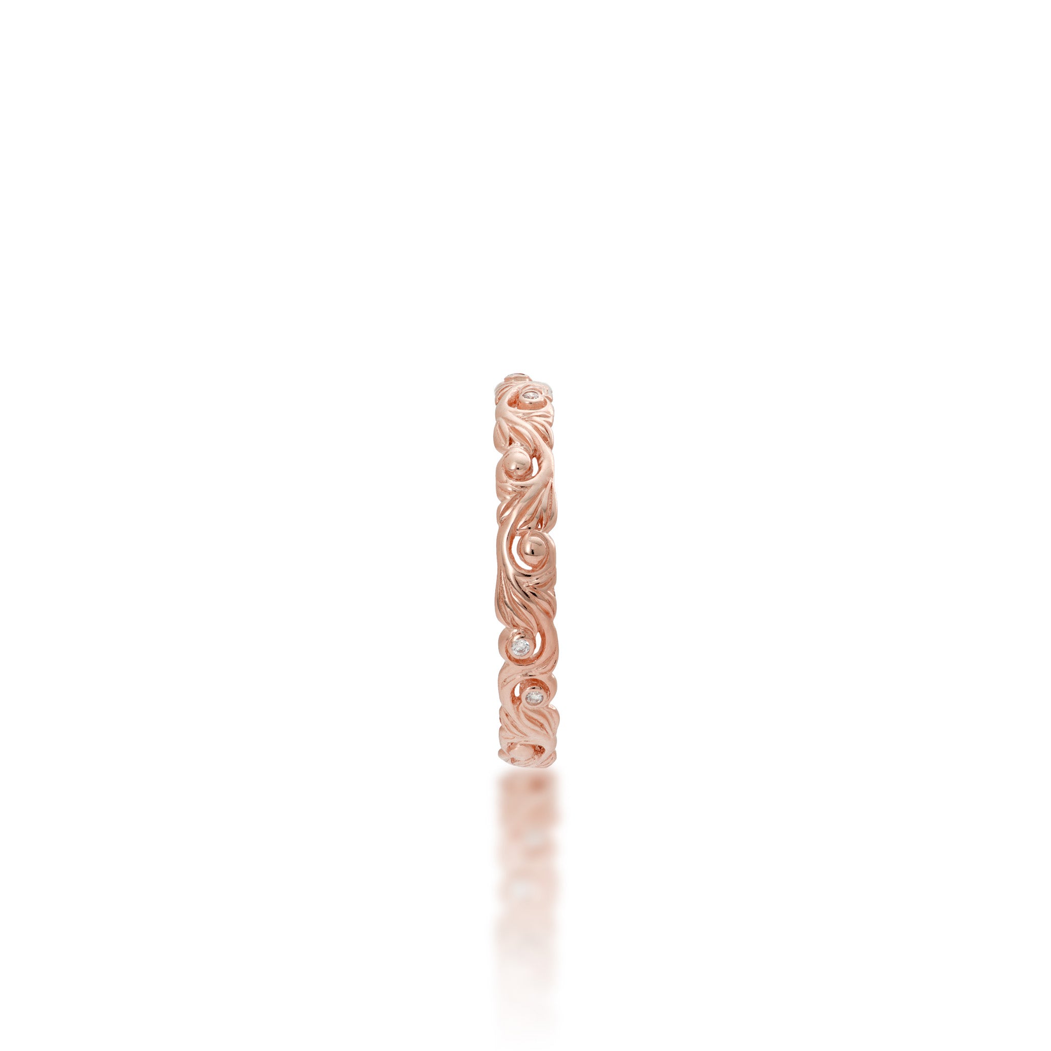 Front view of the 3mm Living Heirloom Ring in Rose Gold with Diamonds on a white background