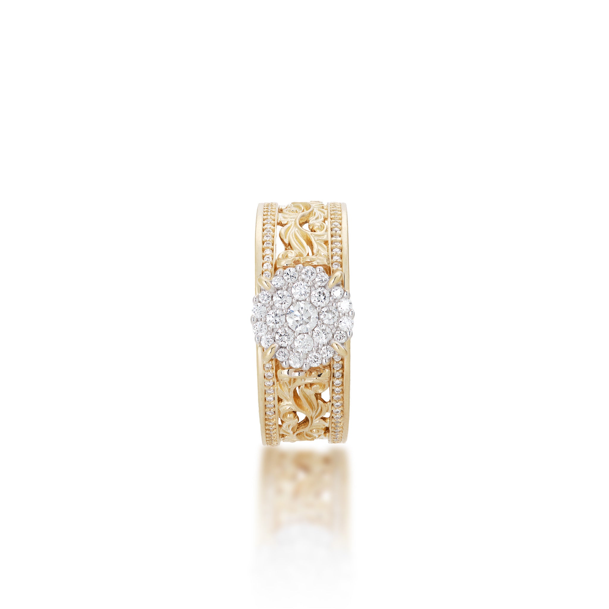 Front view of the 7mm Living Heirloom Engagement Ring in Gold with Diamonds on a white background