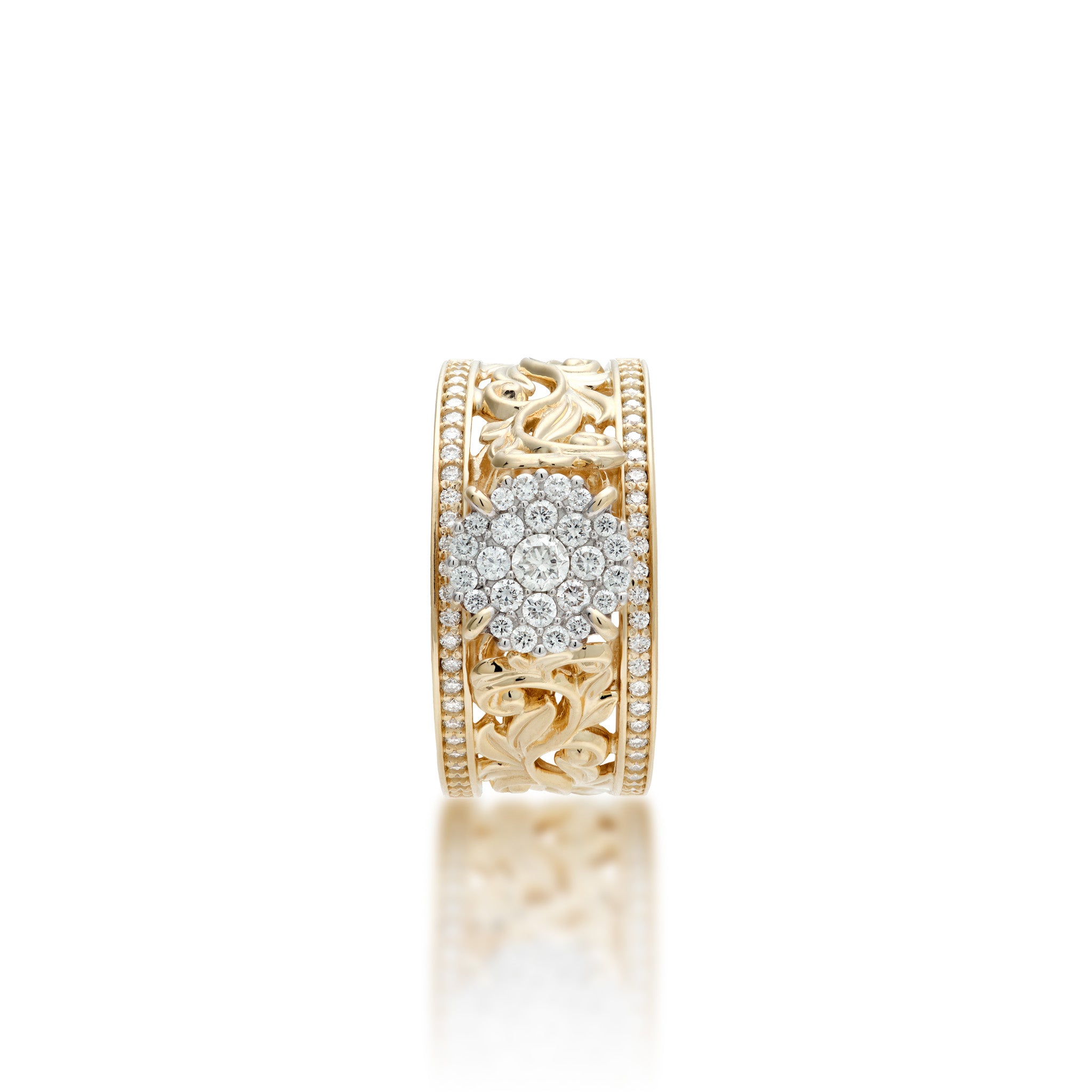 Crown view of the 10mm Living Heirloom Engagement Ring in 14k Yellow Gold with Diamonds on a white background