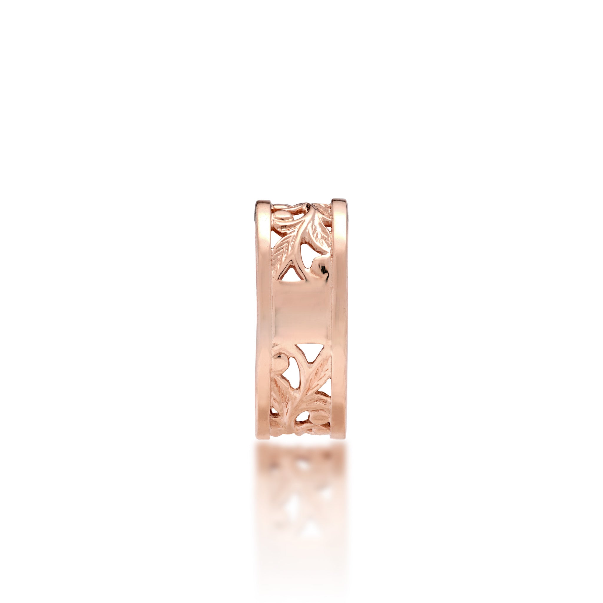 A bottom view of a 14k rose gold Hawaiian Heirloom Ring showcasing the sizing band and maile leaf and fern scrollwork, shown on a white background