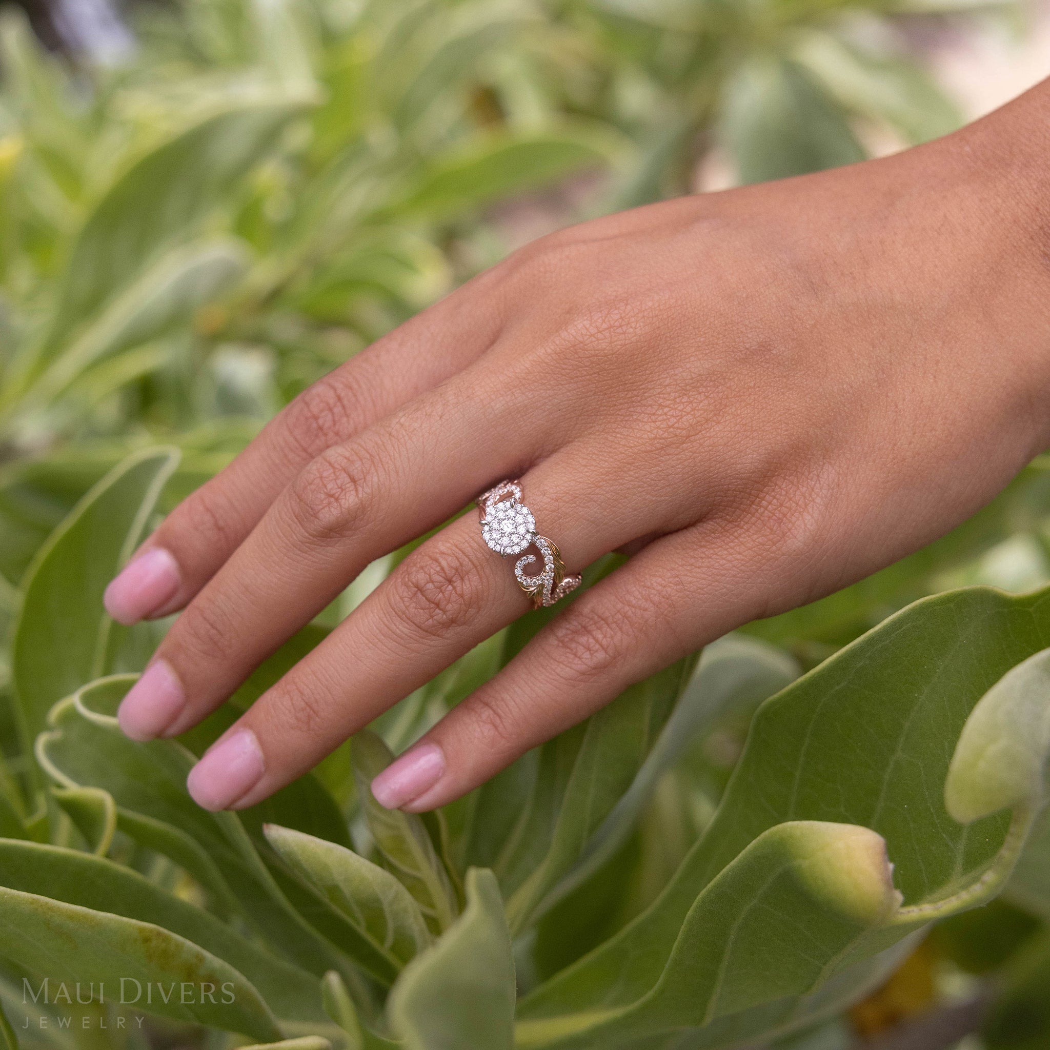 Hawaiian Heirloom Engagement Ring in Two Tone Gold with Diamonds