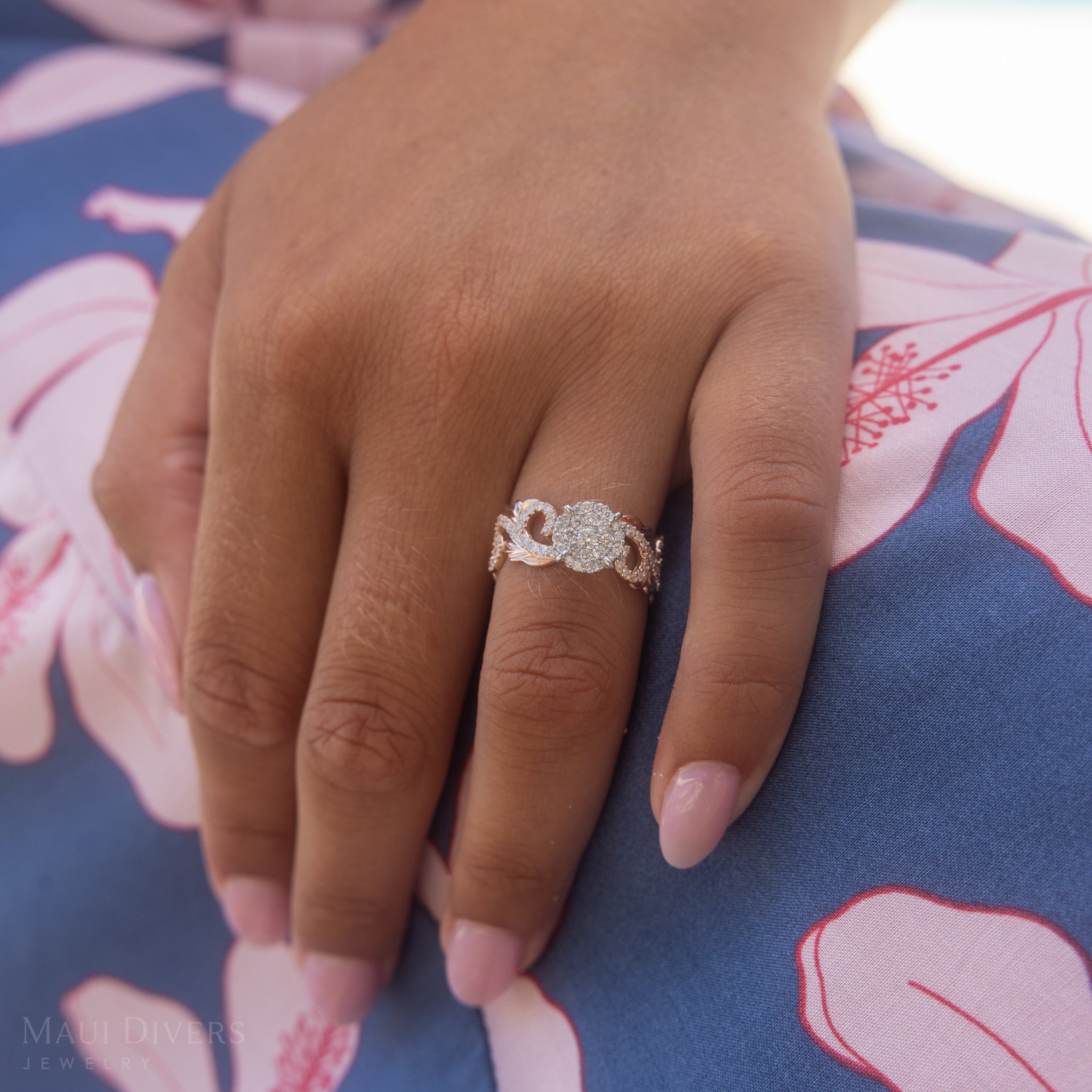 Hawaiian Heirloom Engagement Ring in Two Tone Gold with Diamonds