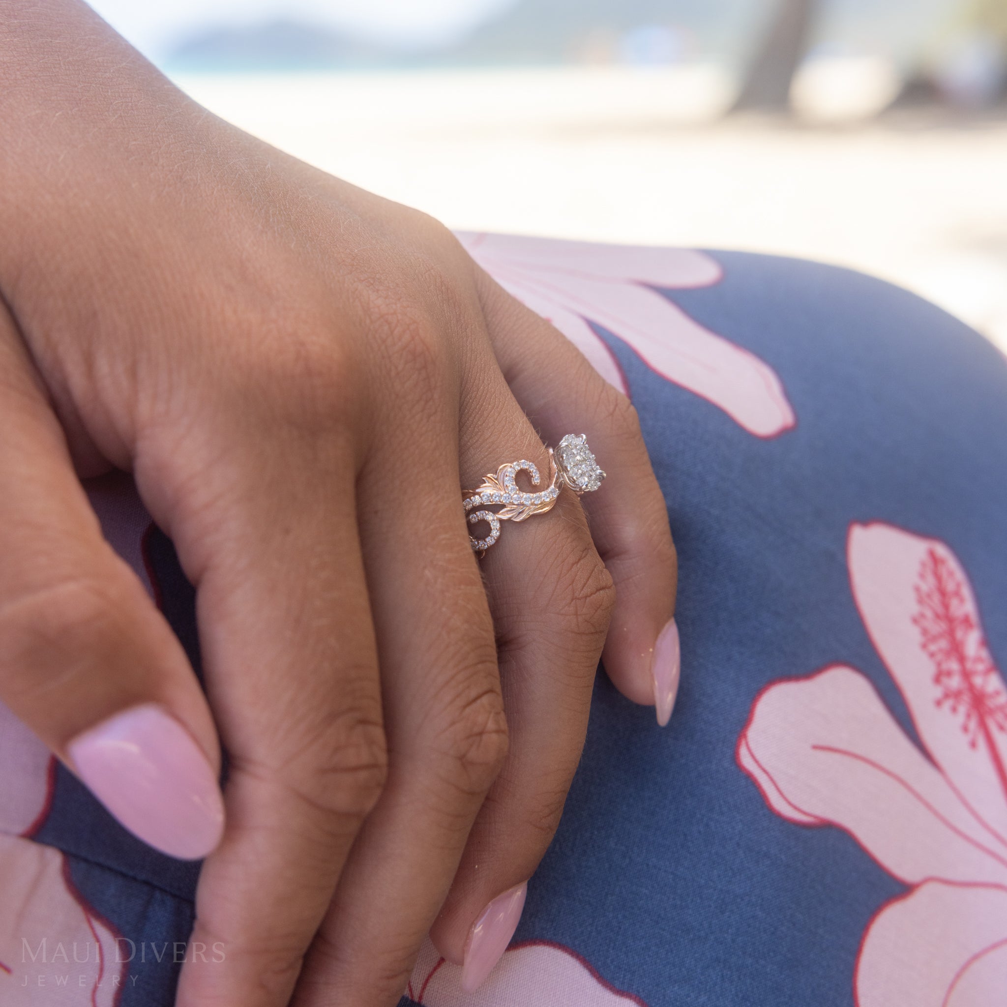 Hawaiian Heirloom Engagement Ring in Two Tone Gold with Diamonds