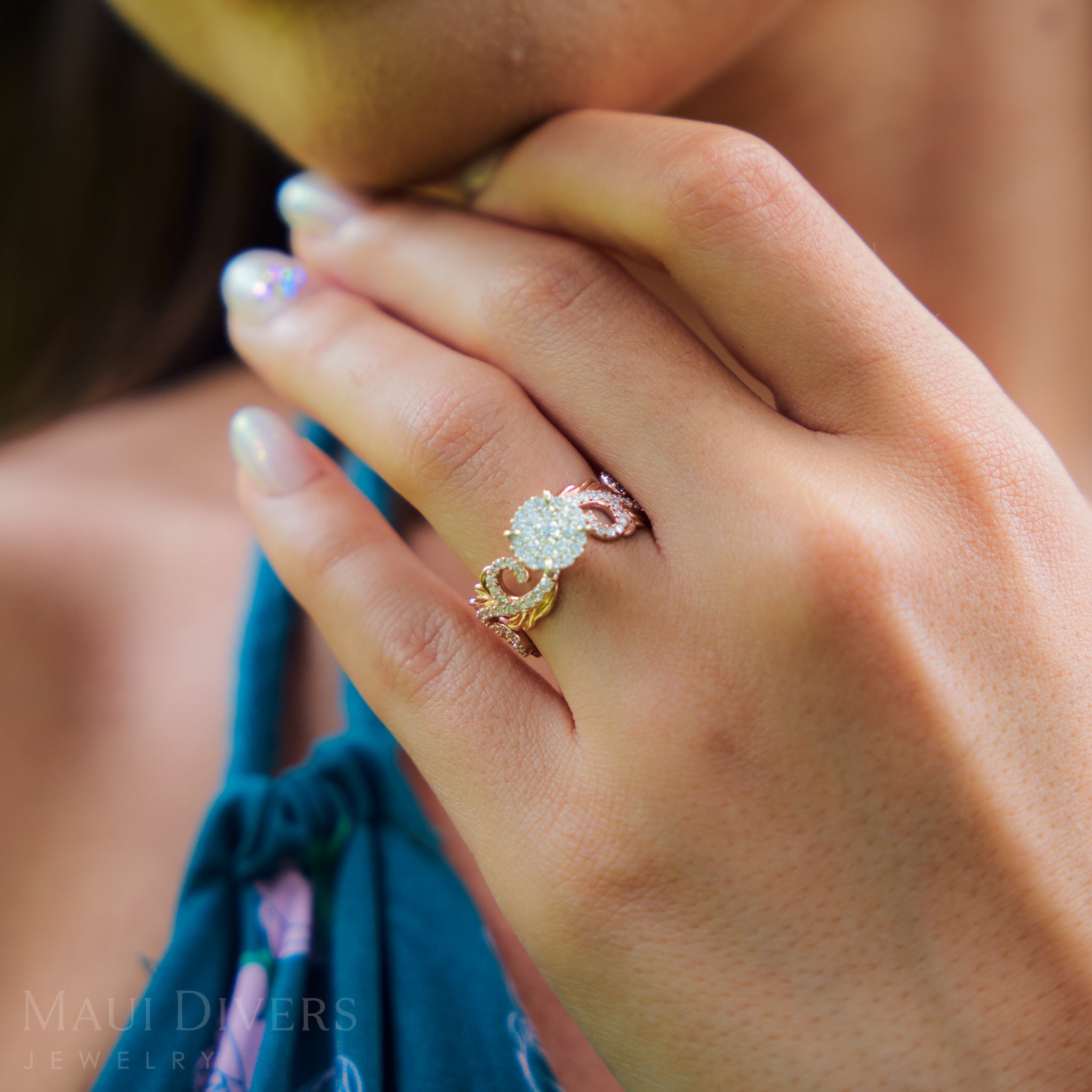 Hawaiian Heirloom Engagement Ring in Two Tone Gold with Diamonds