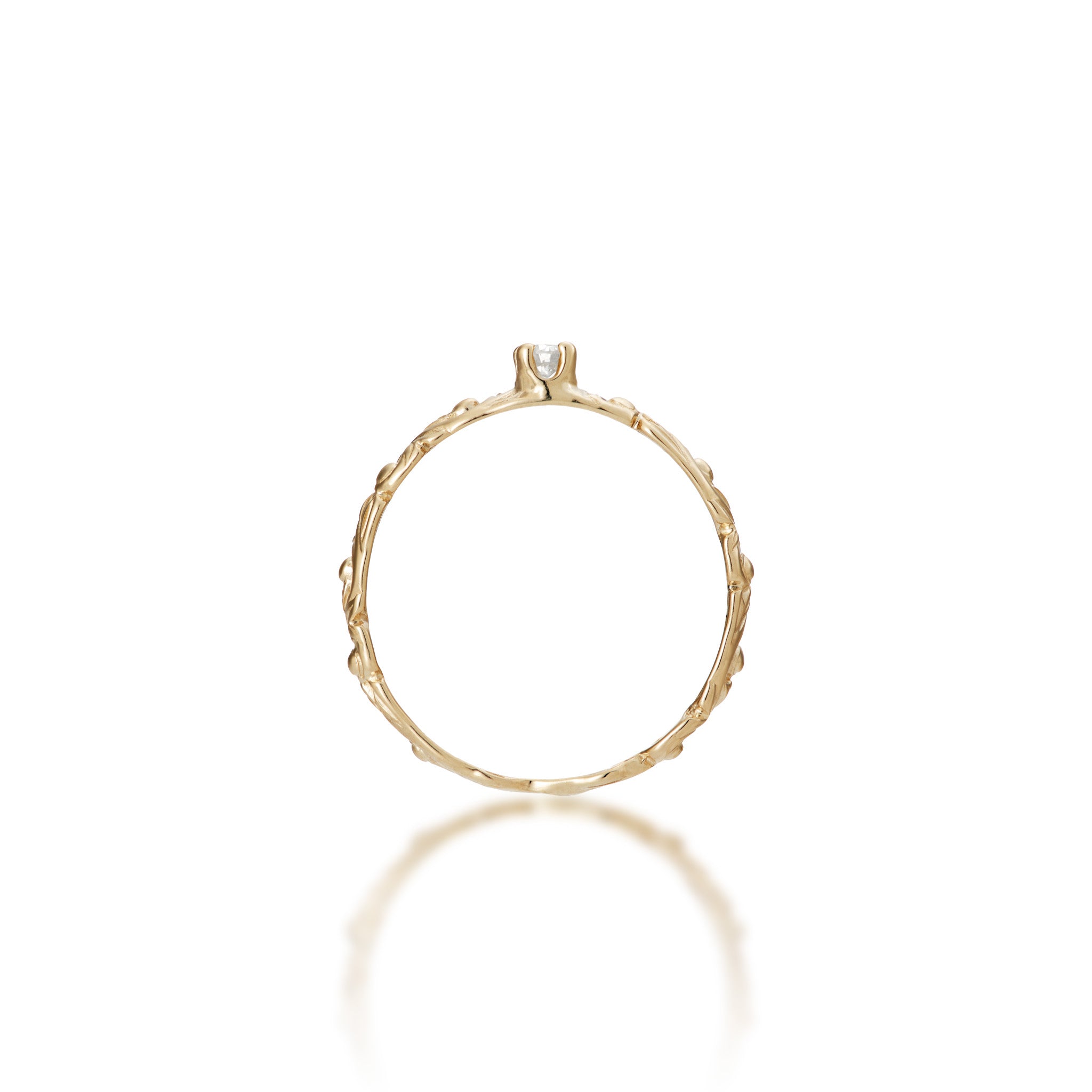 Side view of the 3mm Living Heirloom Ring in 14k Yellow Gold with Diamond on a white background