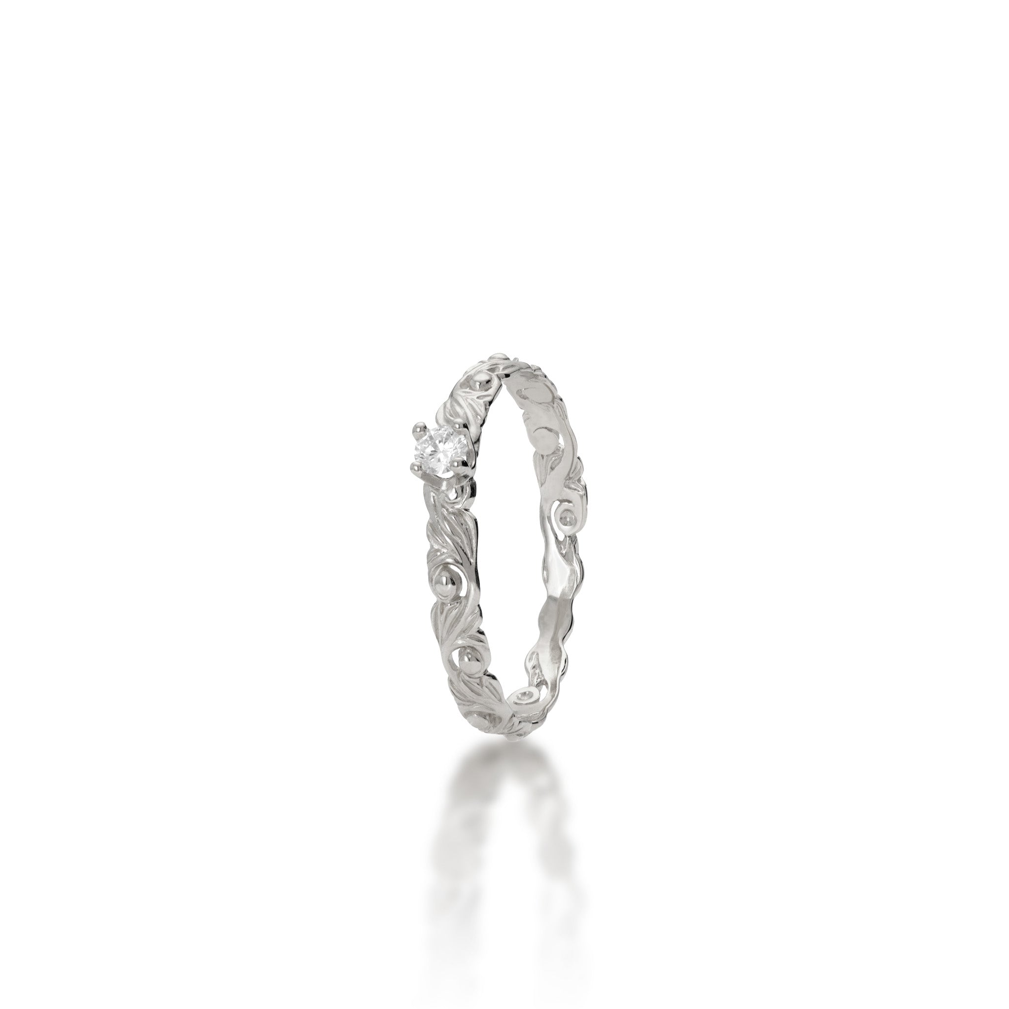 Angle view of the 3mm Living Heirloom Ring in 14k White Gold with Diamond on a white background
