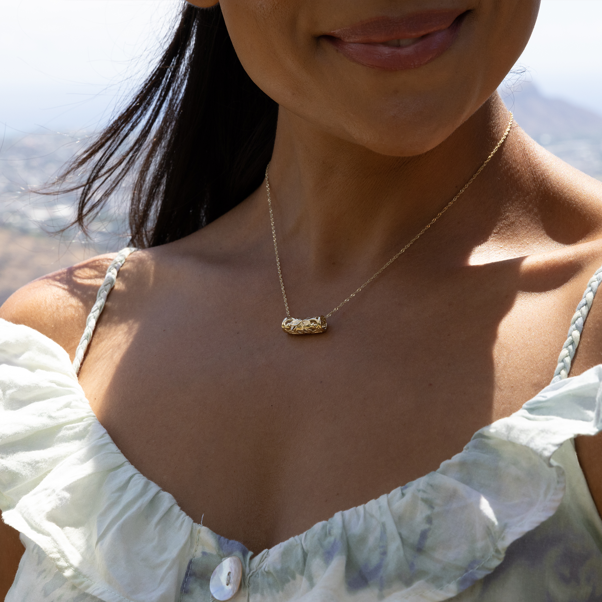 Hawaiian Heirloom Plumeria Scroll Barrel Pendant in Gold - 7mm