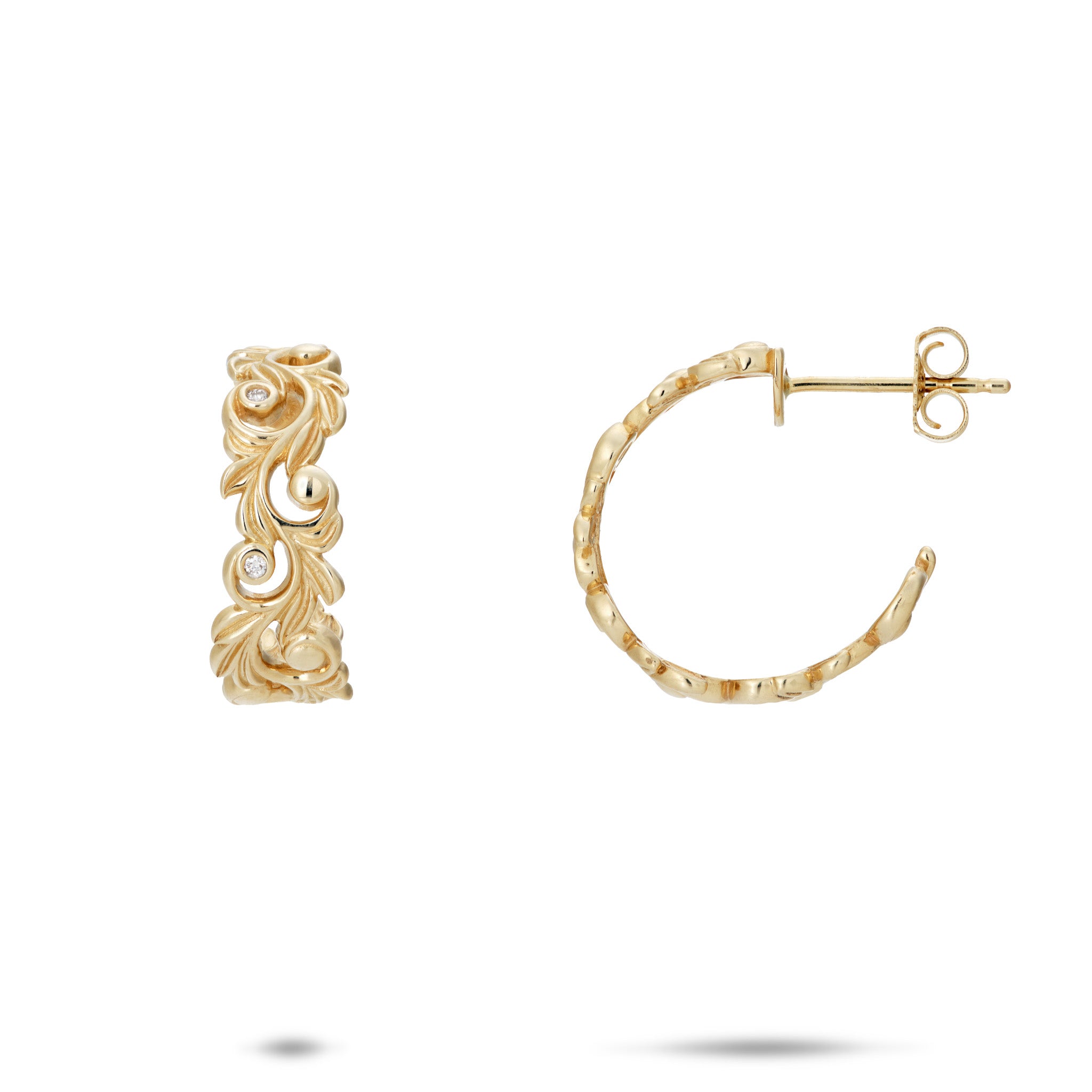 Living Heirloom Hoop Earrings in 14k Yellow Gold with Diamonds on A White Background