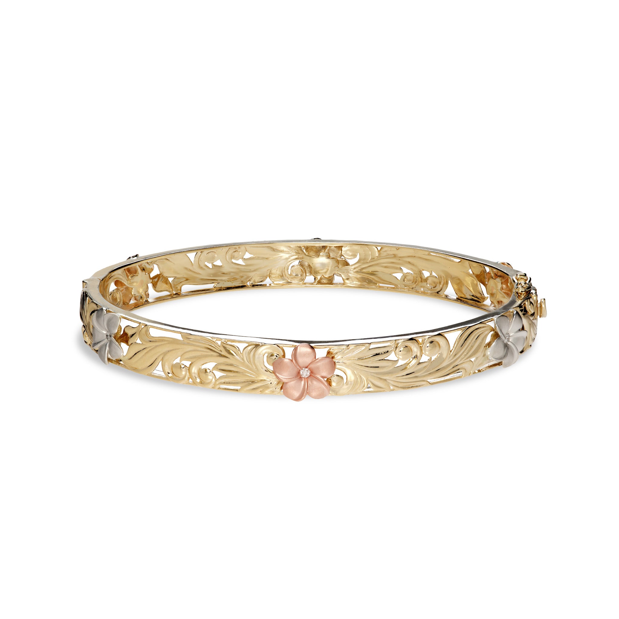 Hawaiian Heirloom Plumeria Hinge Bracelet in Tri Color Gold with Diamonds- 8mm