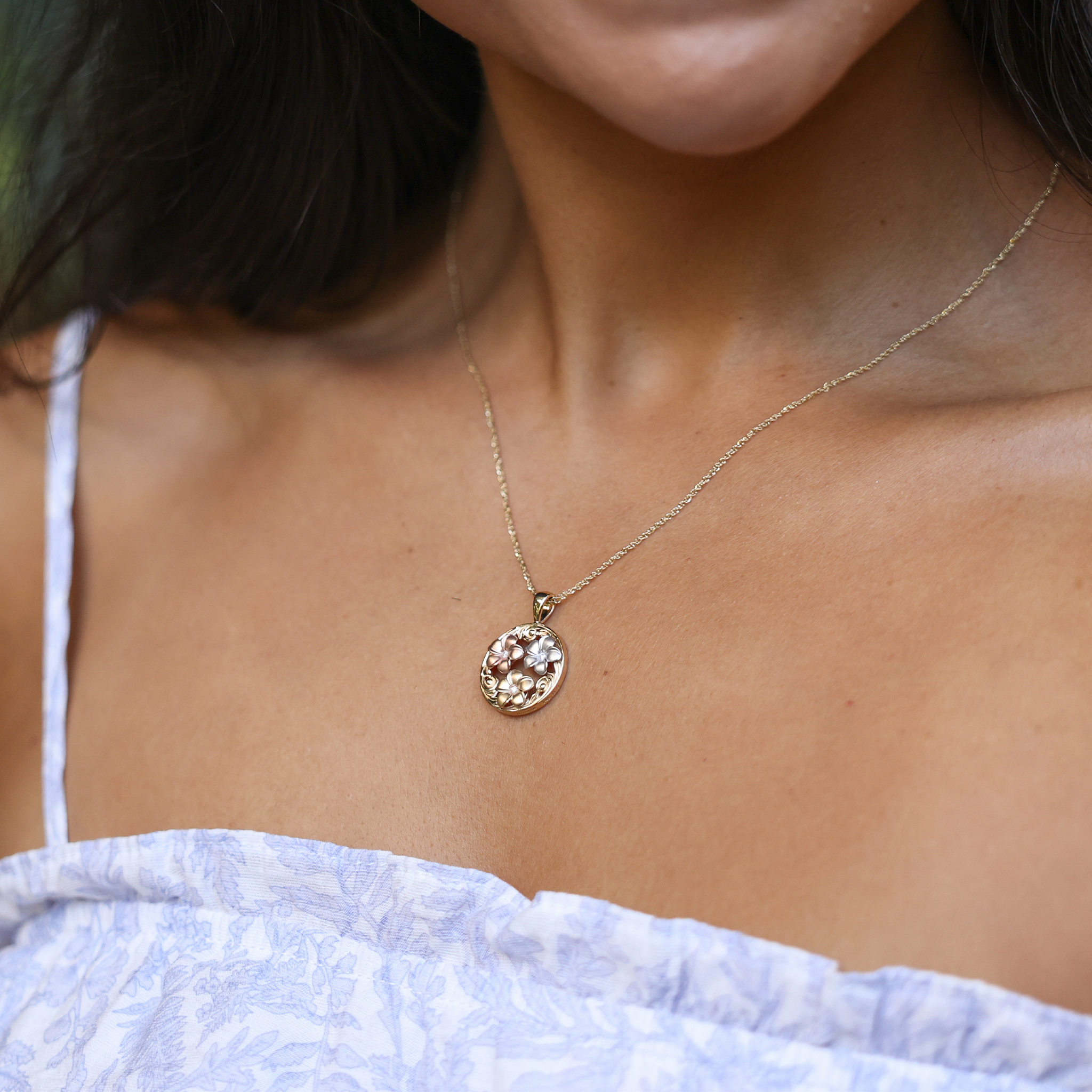 Hawaiian Heirloom Plumeria Pendant in Tri Color Gold with Diamonds - 18mm