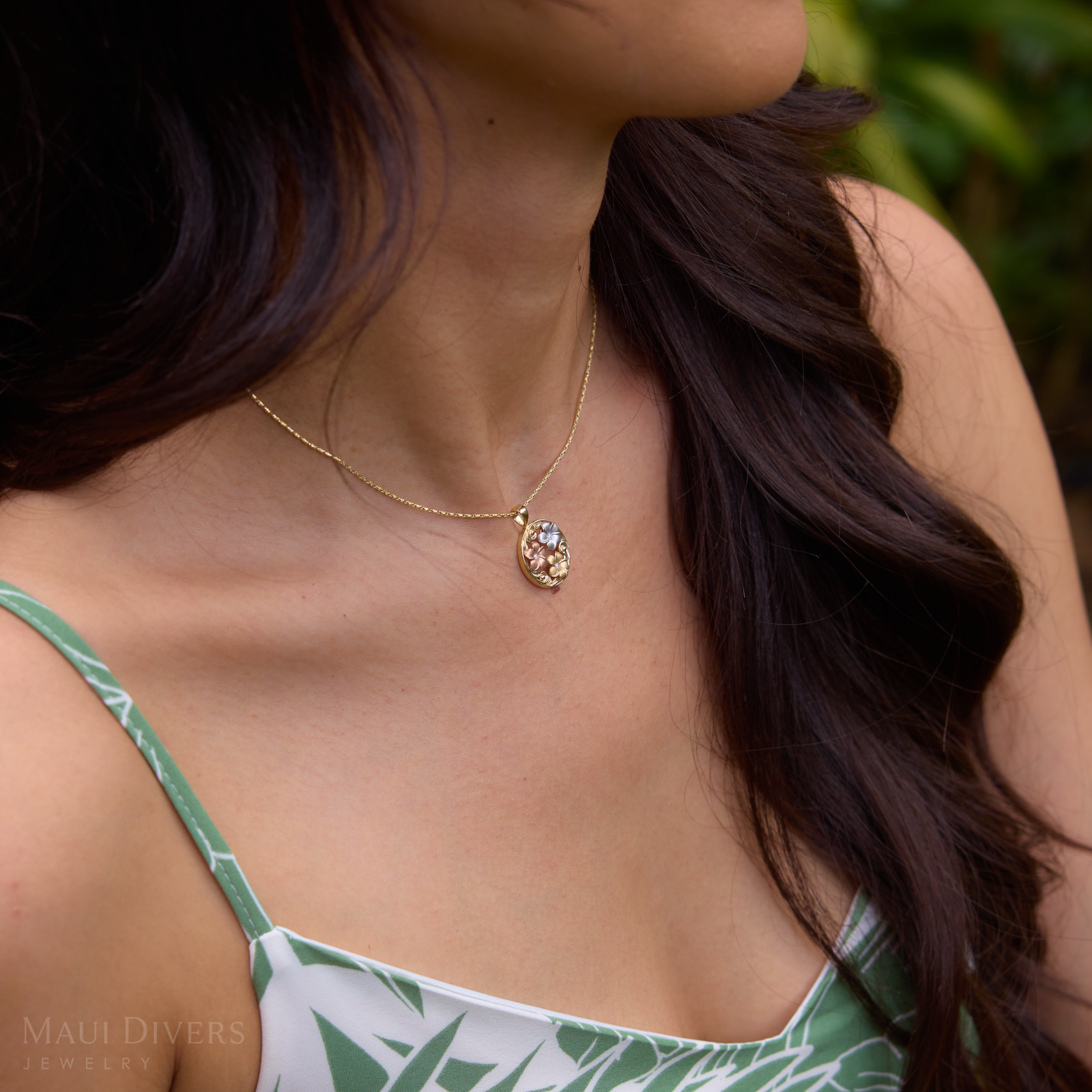 Hawaiian Heirloom Plumeria Pendant in Tri Color Gold with Diamonds - 18mm