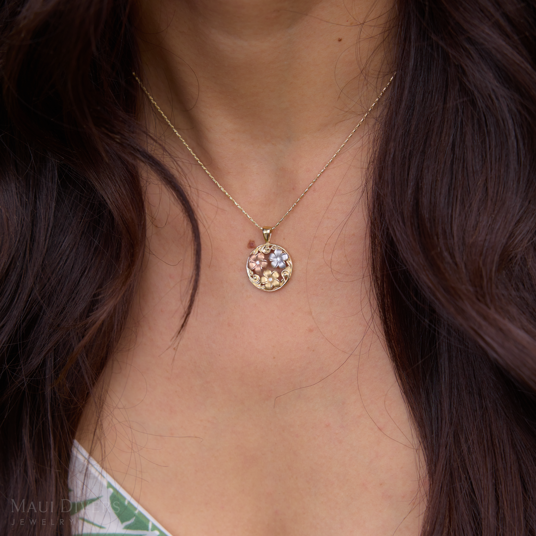 Hawaiian Heirloom Plumeria Pendant in Tri Color Gold with Diamonds - 18mm