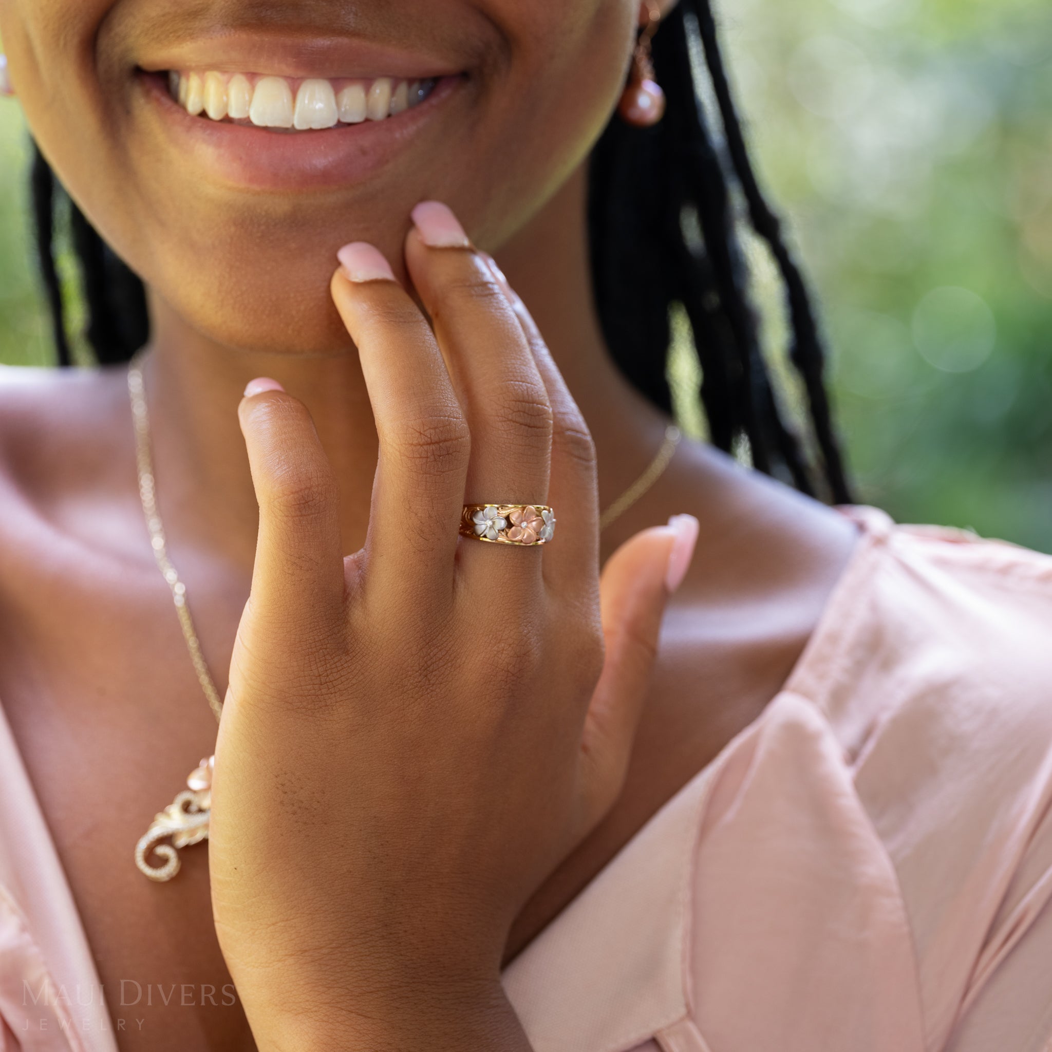 Hawaiian Heirloom Plumeria Ring in Tri Color Gold with Diamonds - 8mm