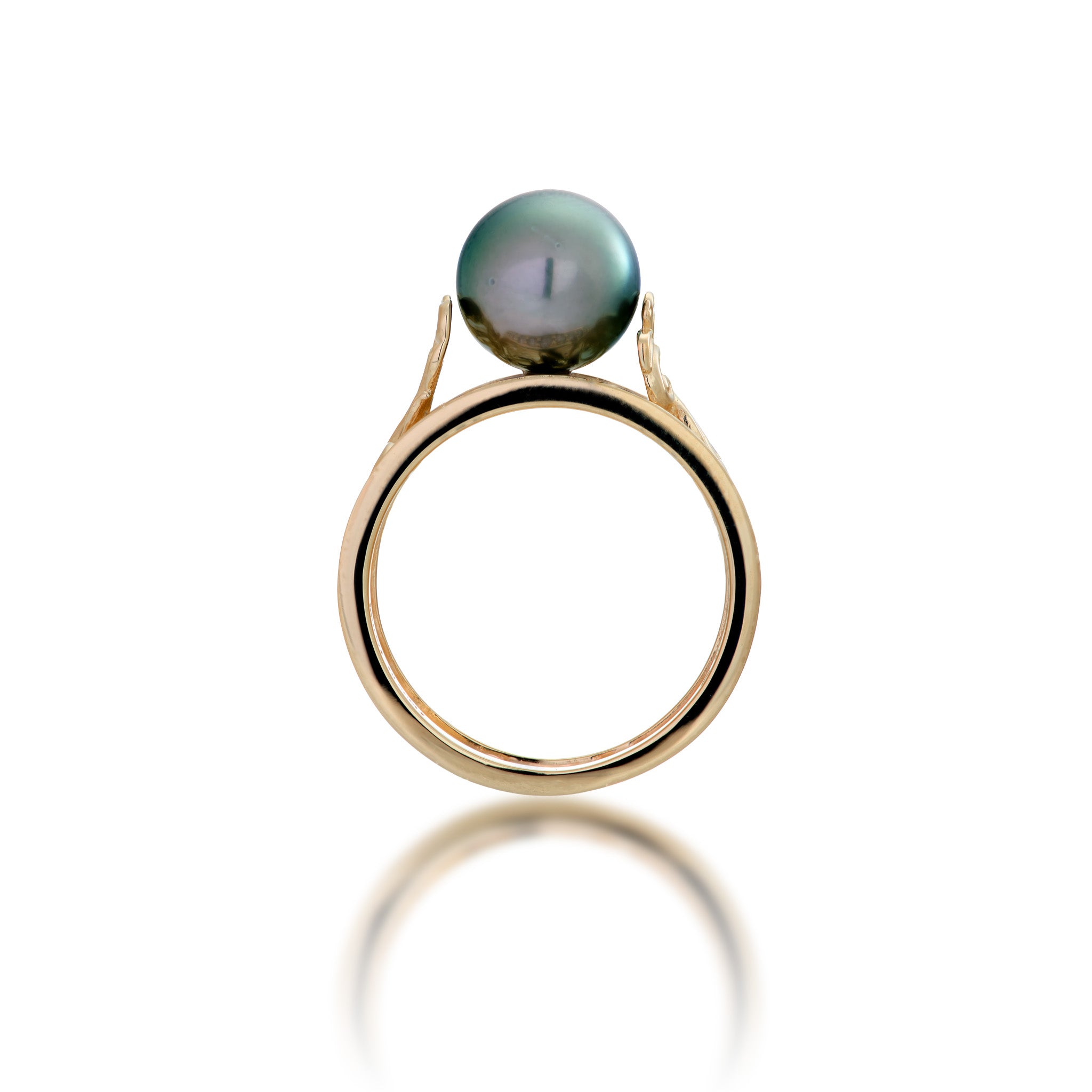 Side view of the 10mm Living Heirloom Tahitian Black Pearl Ring in Gold with Diamonds on a white background