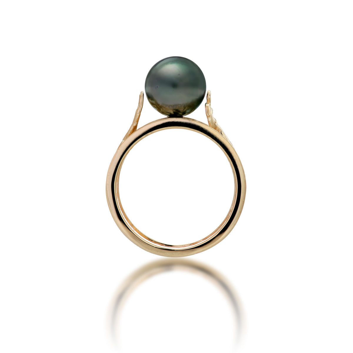 Band view of a 14k yellow gold Living Heirloom Tahitian black pearl ring, shown on a white background