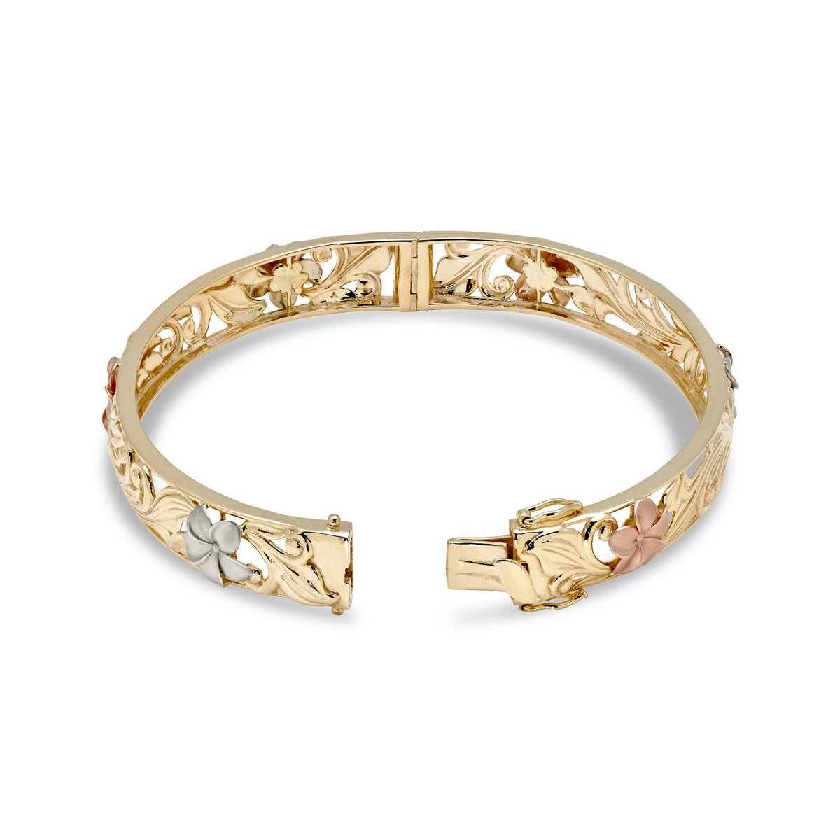 Detailed open hinge shot of a 10mm Hawaiian Heirloom Bracelet in 14k yellow Gold with cut out design of rose and white gold plumeria flowers with diamond accented centers, maile leaves and hapuʻu fern; placed on a white background