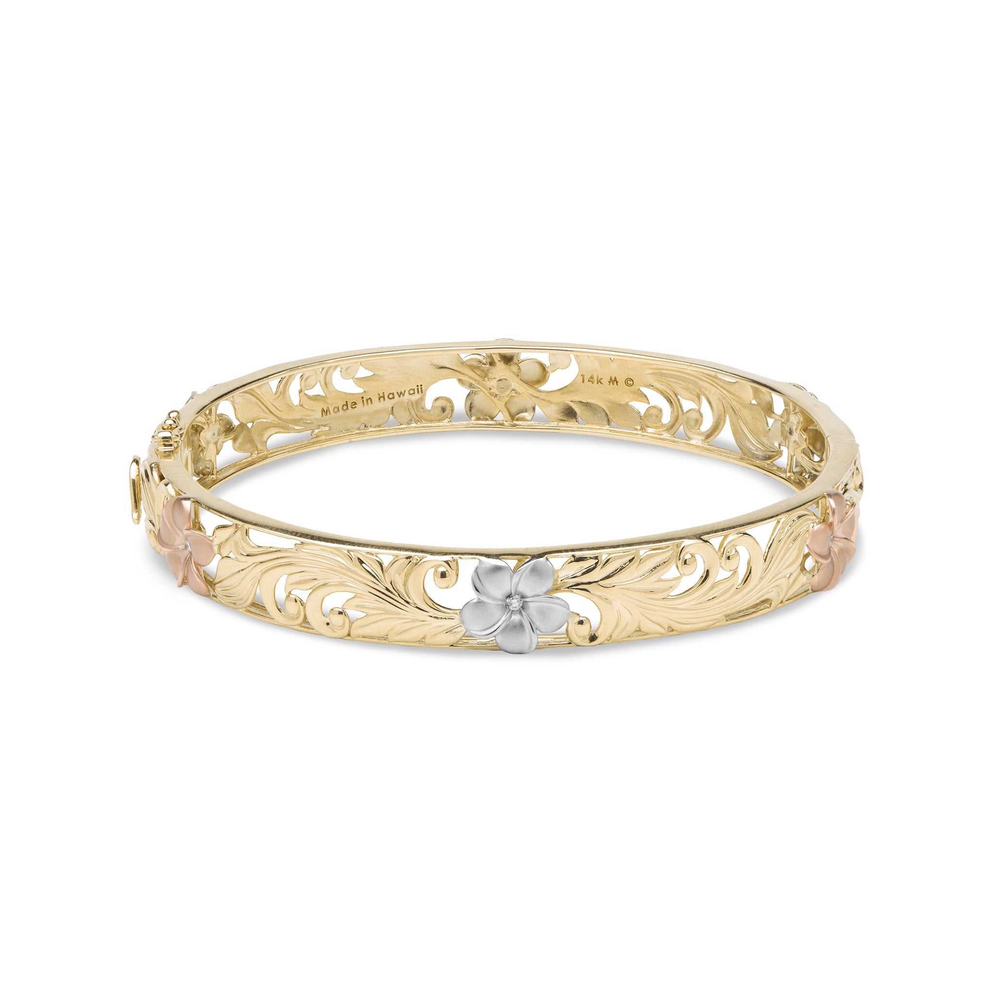 Hawaiian Heirloom Plumeria Hinge Bracelet in Tri Color Gold with Diamonds - 10mm