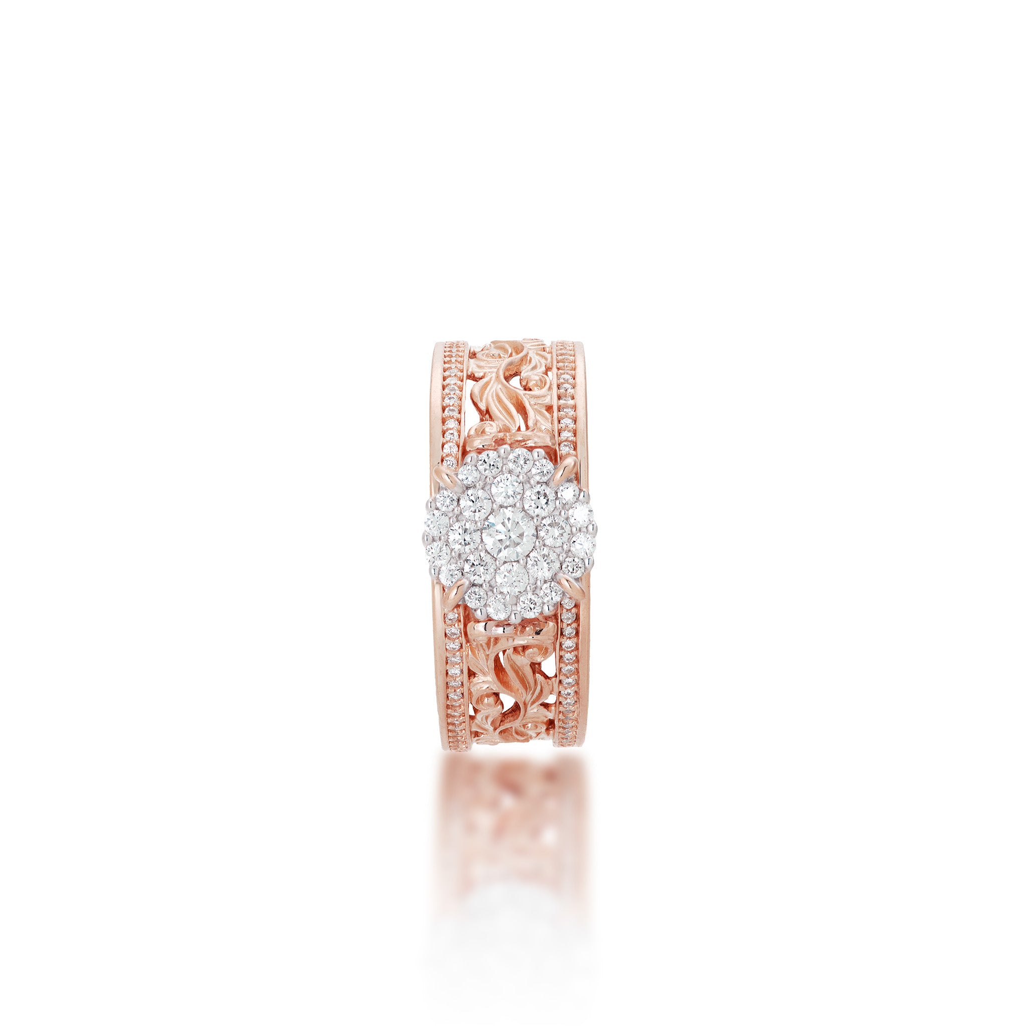 Front view of the 7mm Living Heirloom Engagement Ring in Rose Gold with Diamonds on a white background