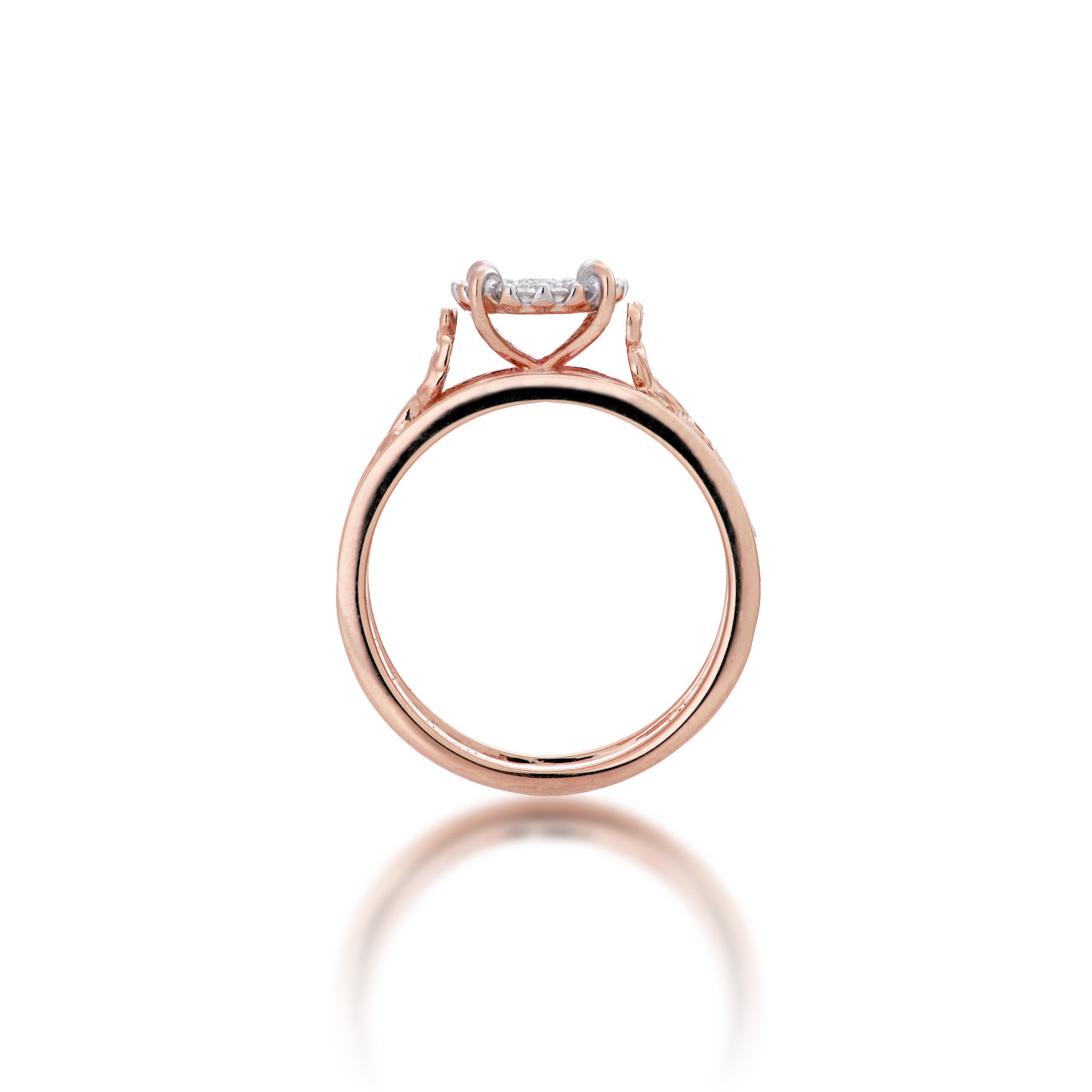 Side view of the 7mm Living Heirloom Engagement Ring in Rose Gold with Diamonds on a white background
