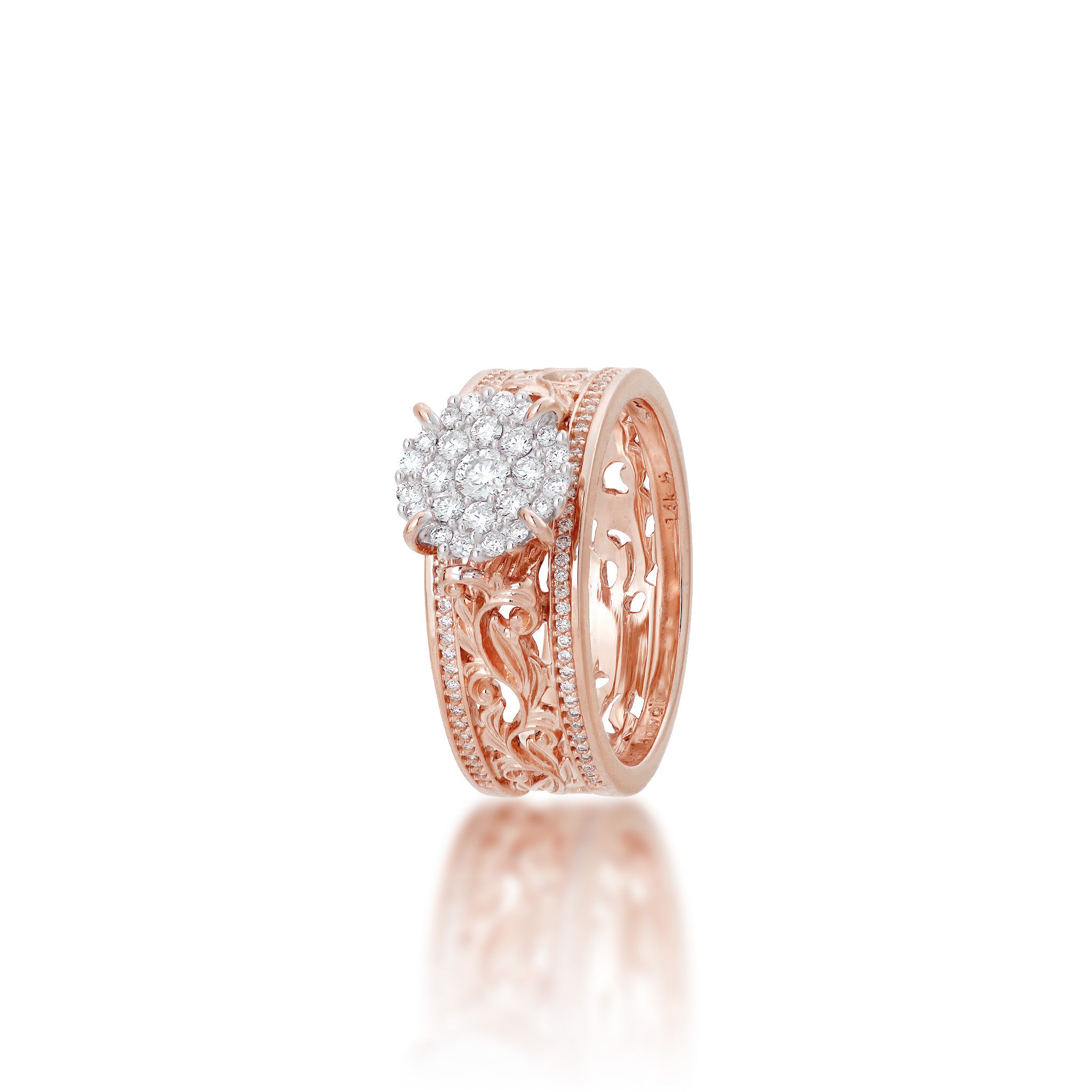Angle view of the 7mm Living Heirloom Engagement Ring in Rose Gold with Diamonds on a white background