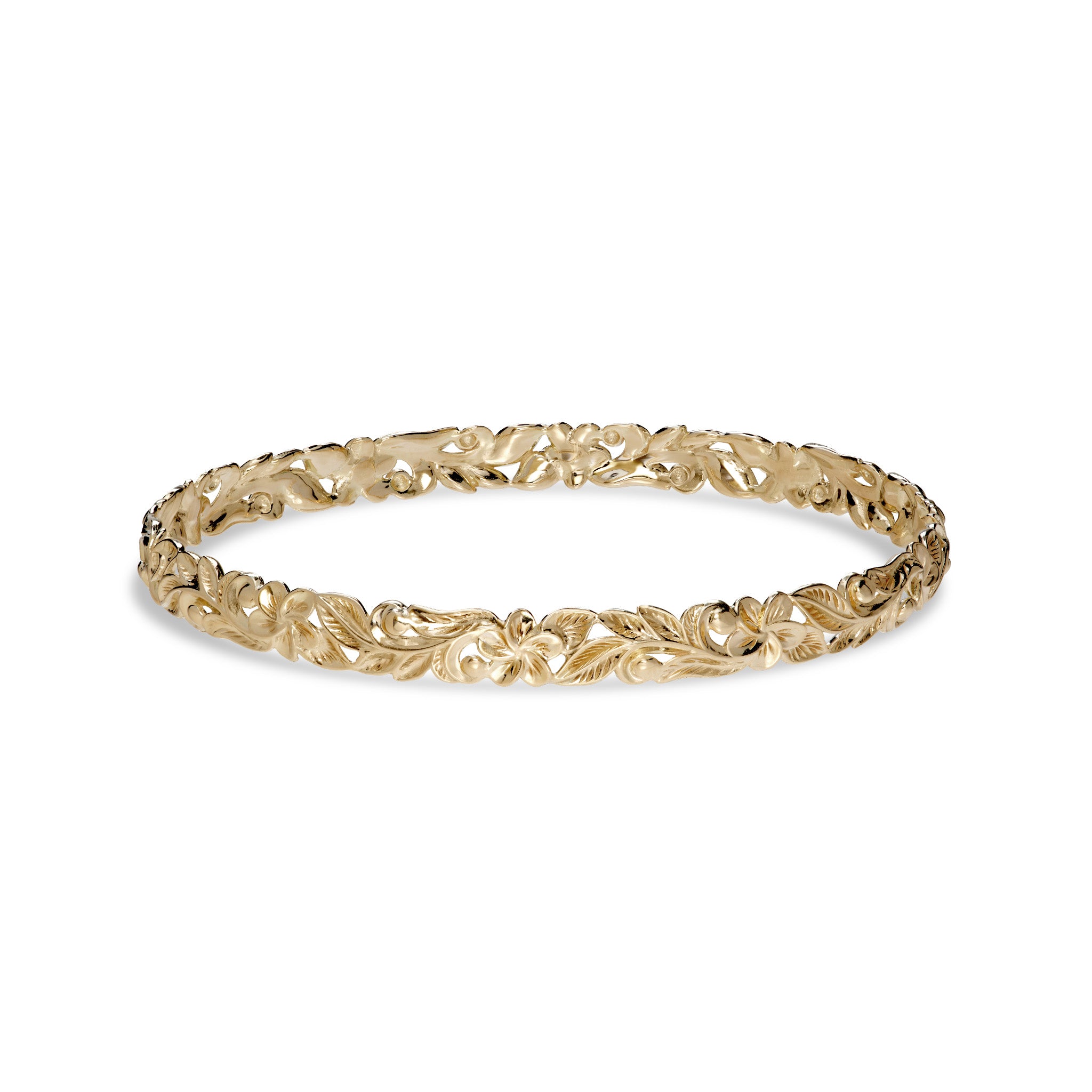 [手彫り]ハワイアン6mmバングル(lucky plumeria/SL/M) Hawaiian Heirloom Plumeria Bracelet in Gold - 6mm