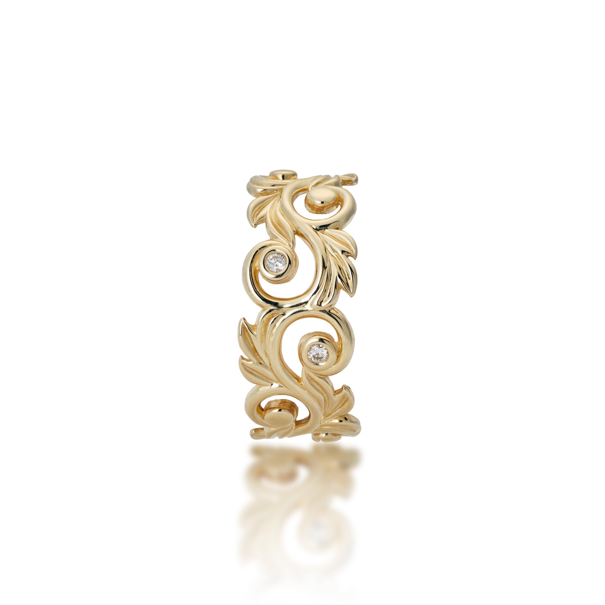 Side view of the 10mm Living Heirloom Ring in Gold with Diamonds on a white background