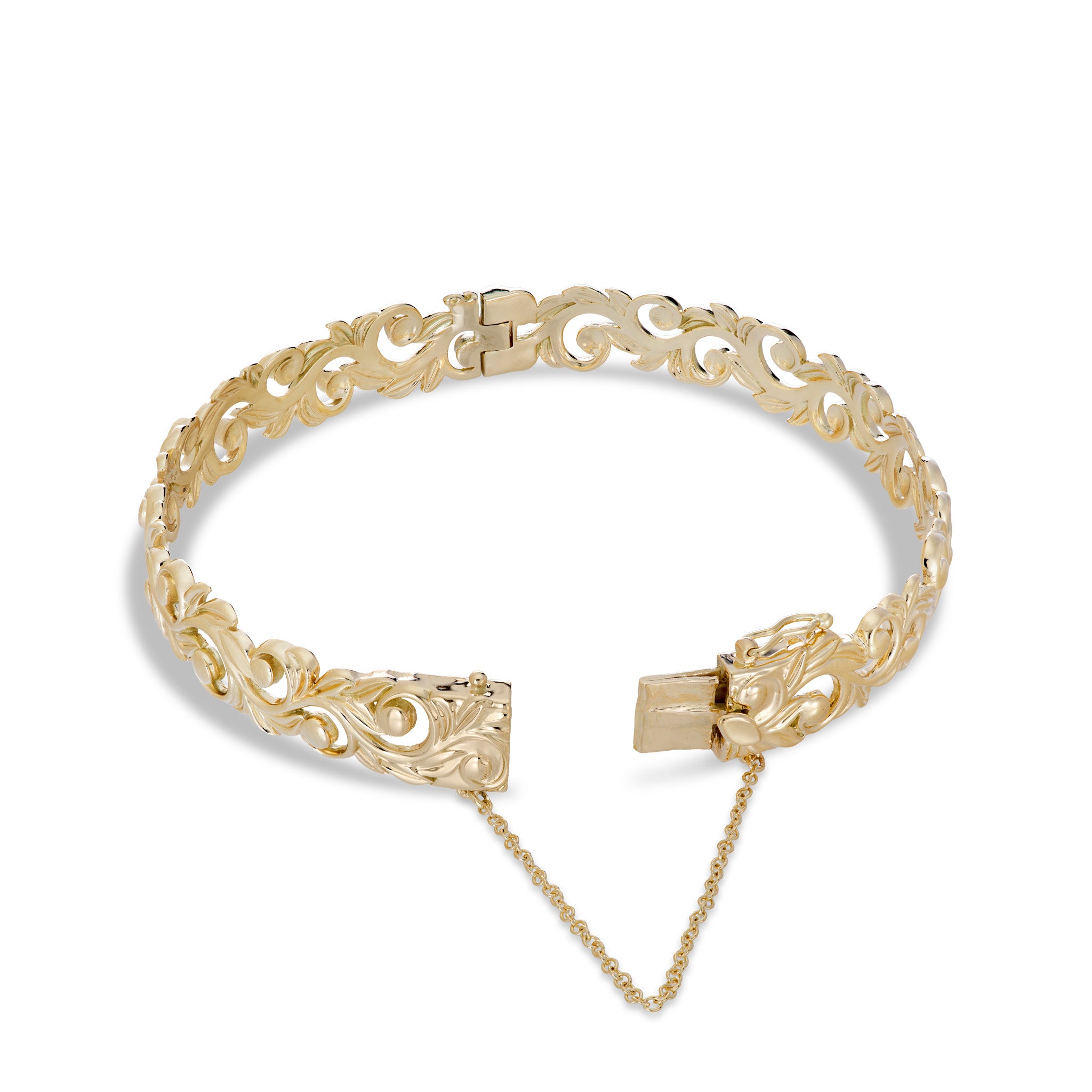 Open clasp view of the 10mm Living Heirloom Hinge Bracelet in 14k Yellow Gold on a white background