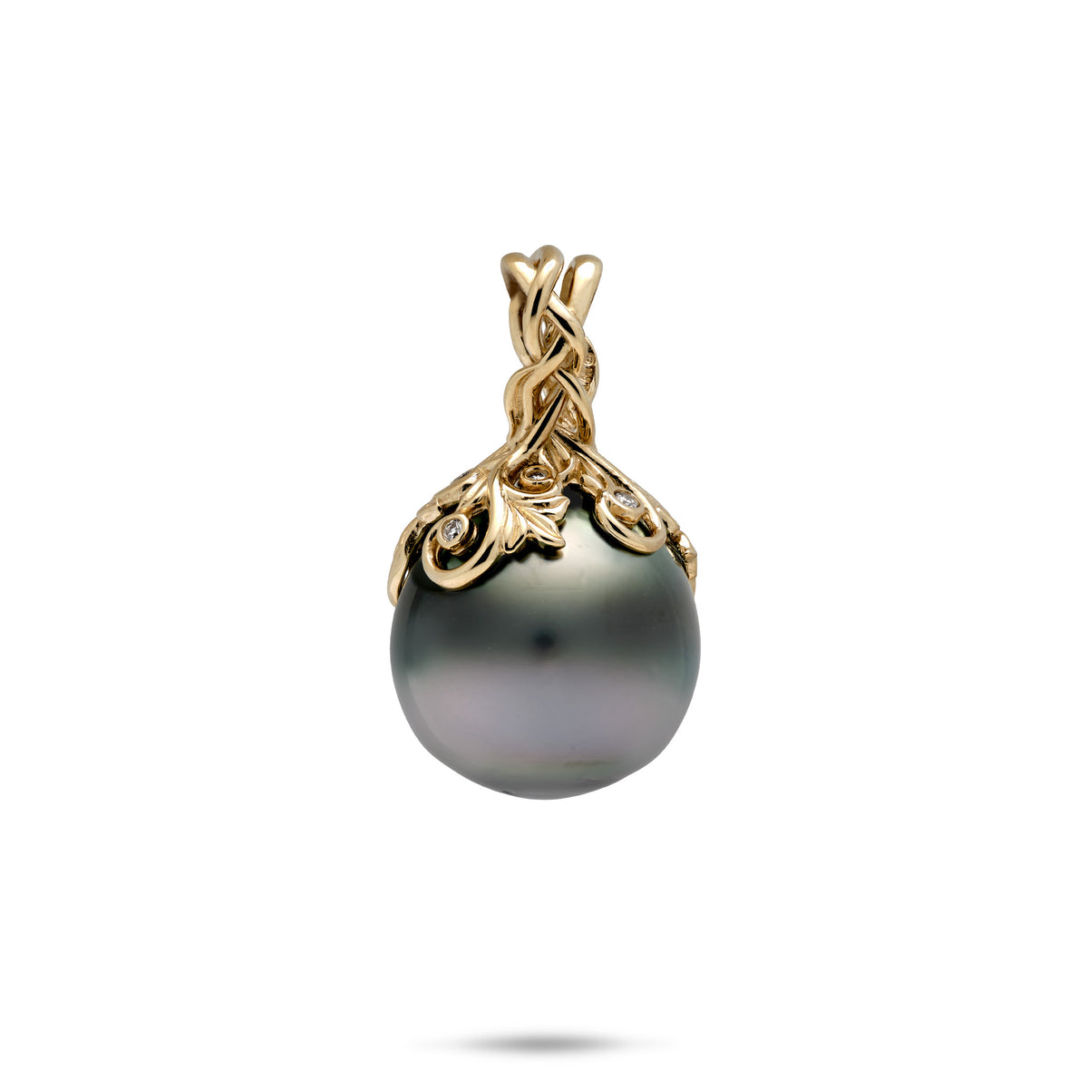 10-12mm Living Heirloom Tahitian Black Pearl Pendant with ornate gold design in 14k yellow Gold of winding maile leaves and hapuʻu ferns, diamond detail; placed on a white background