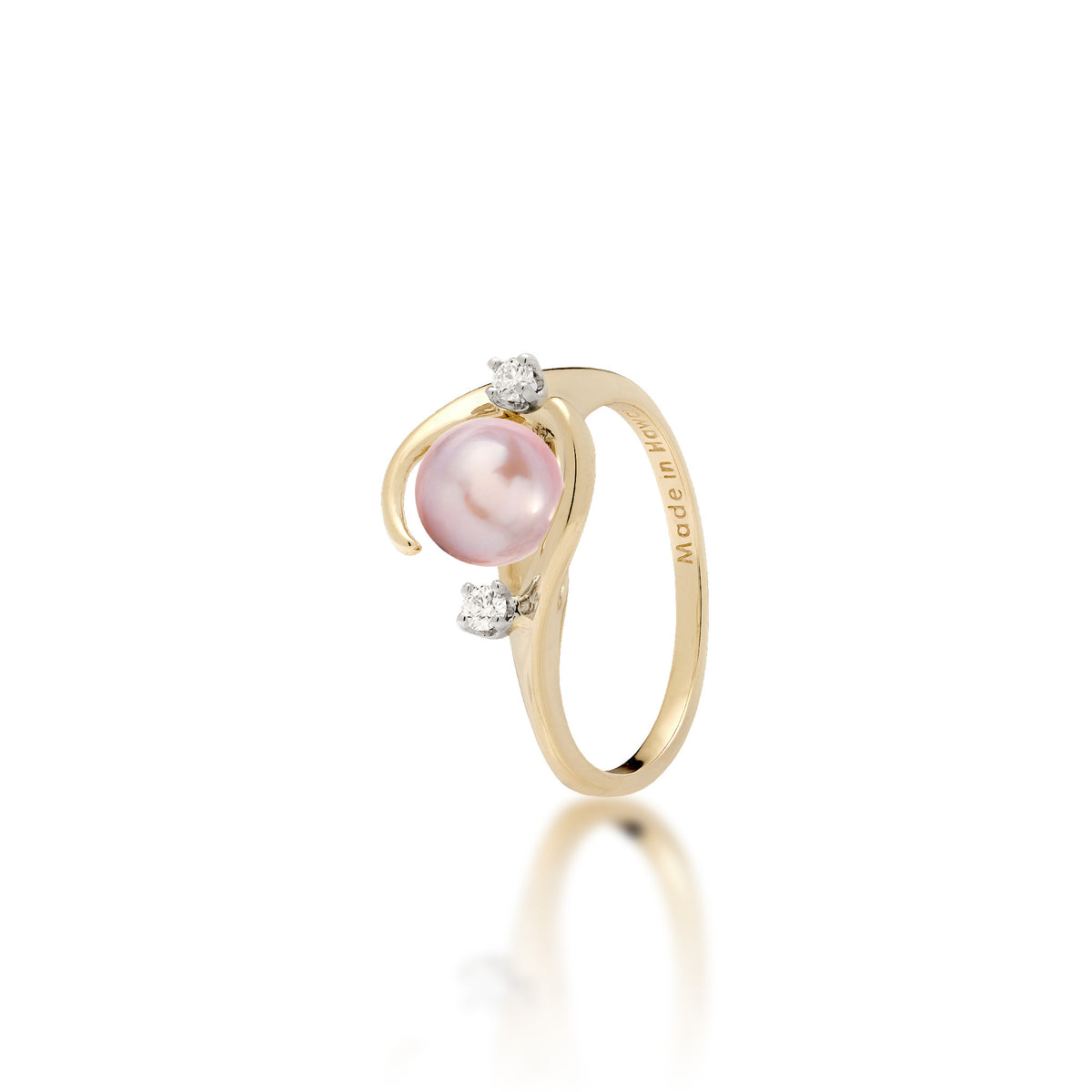 A 14k yellow gold ring with a high-polish finish featuring a round lavender freshwater pearl accented by two small diamonds, shown on a clean white background with a soft reflection.